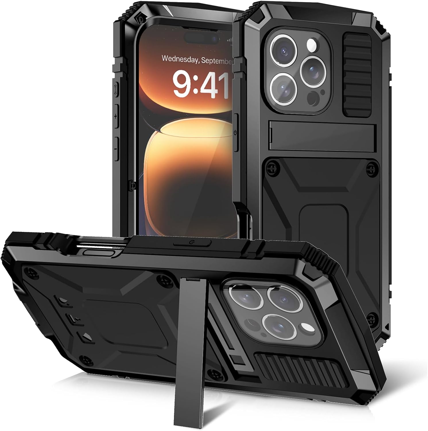 Case for iPhone 16/16 Plus/16 Pro/16 Pro Max, Heavy Duty Protective Metal Bumper Silicone Case with Stand Built-in Screen Protector, Outdoor Shockproof Cover Case for iPhone 16/16 Plus/16 Pro/16 Pro Max, Heavy Duty Protective Metal Bumper Silicone Case with Stand Built-in Screen Protector, Outdoor Shockproof Cover
