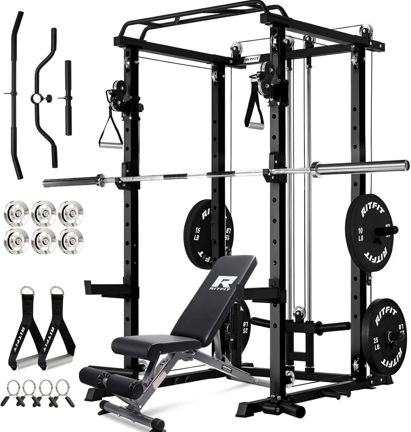 RitFit Multi-Function Garage & Home Gym Package Includes 1200LBS Power Cage PPC03/P3 with Cable Crossover System, Weight Bench, Olympic Barbell Weight Set, Full Body Workout RitFit Multi-Function Garage & Home Gym Package Includes 1200LBS Power Cage PPC03/P3 with Cable Crossover System, Weight Bench, Olympic Barbell Weight Set, Full Body Workout