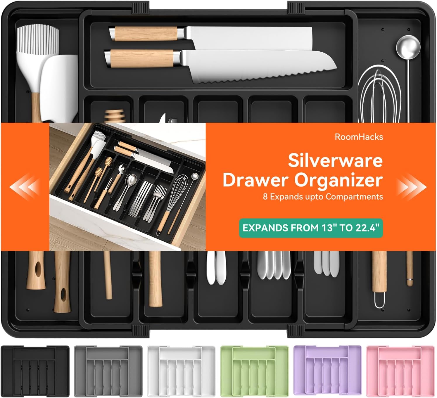 Large Silverware Organizer,Expandable Utensil Drawer Organizer,BPA Free Utensil Holder,Adjustable Silverware Tray Cutlery Drawer Organizer for Kitchen Flatware,Large,Black (6-8 Slots) Large Silverware Organizer,Expandable Utensil Drawer Organizer,BPA Free Utensil Holder,Adjustable Silverware Tray Cutlery Drawer Organizer for Kitchen Flatware,Large,Black (6-8 Slots)
