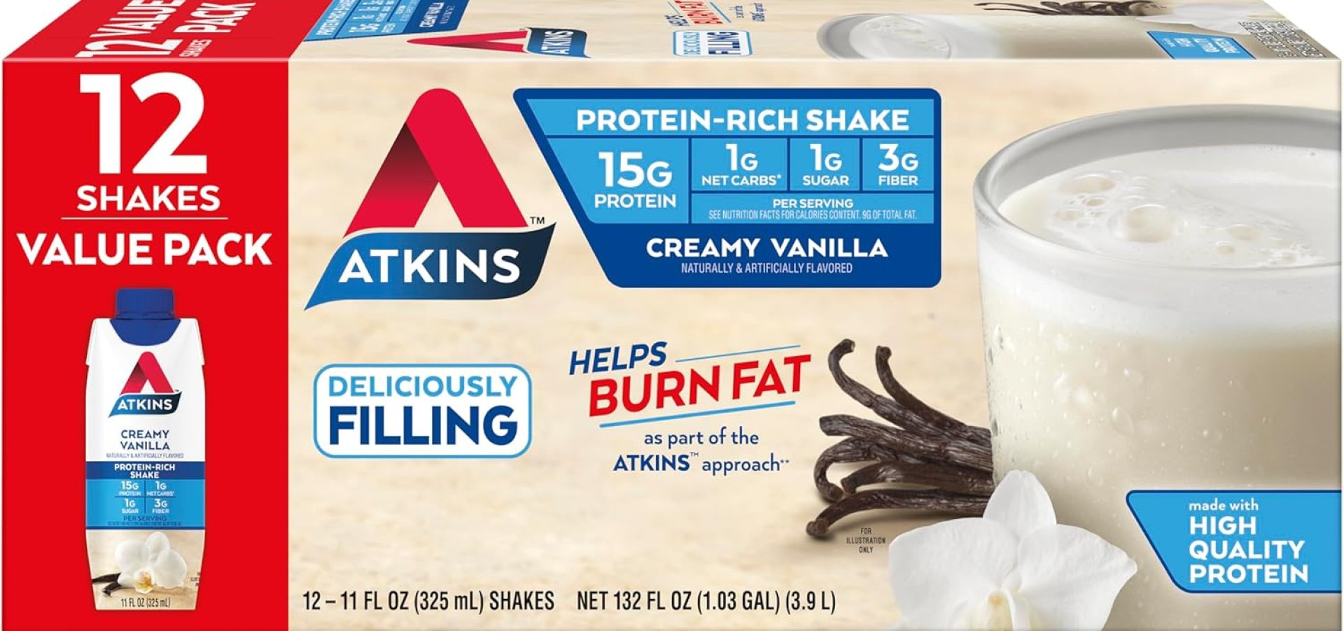 Atkins Creamy Vanilla High Protein Shake, 15g Protein, Low Glycemic, Low Carb and Low Sugar Shakes, Keto Friendly, 12 Vanilla Flavored Protein Shakes Atkins Creamy Vanilla High Protein Shake, 15g Protein, Low Glycemic, Low Carb and Low Sugar Shakes, Keto Friendly, 12 Vanilla Flavored Protein Shakes