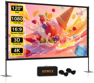 Outdoor-Projector-Screen-with-Stand – 120 inch Portable Projector Screen Indoor Outdoor Projector Screens 16:9 4K HD Lightweight Movie Screen with Carry Bag for Backyard Movie Night