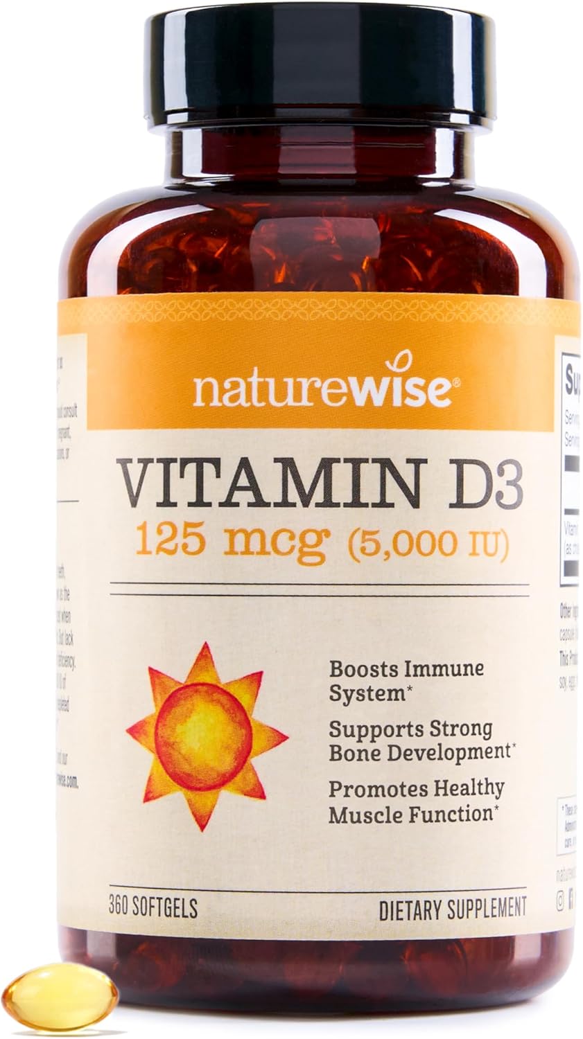 NatureWise Vitamin D3 5000iu (125 mcg) 1 Year Supply for Immune Support, Healthy Muscle Function, and Bone Health – Non-GMO, Gluten Free in Organic Extra Virgin Olive Oil, (Mini Softgel), 360 Count NatureWise Vitamin D3 5000iu (125 mcg) 1 Year Supply for Immune Support, Healthy Muscle Function, and Bone Health – Non-GMO, Gluten Free in Organic Extra Virgin Olive Oil, (Mini Softgel), 360 Count