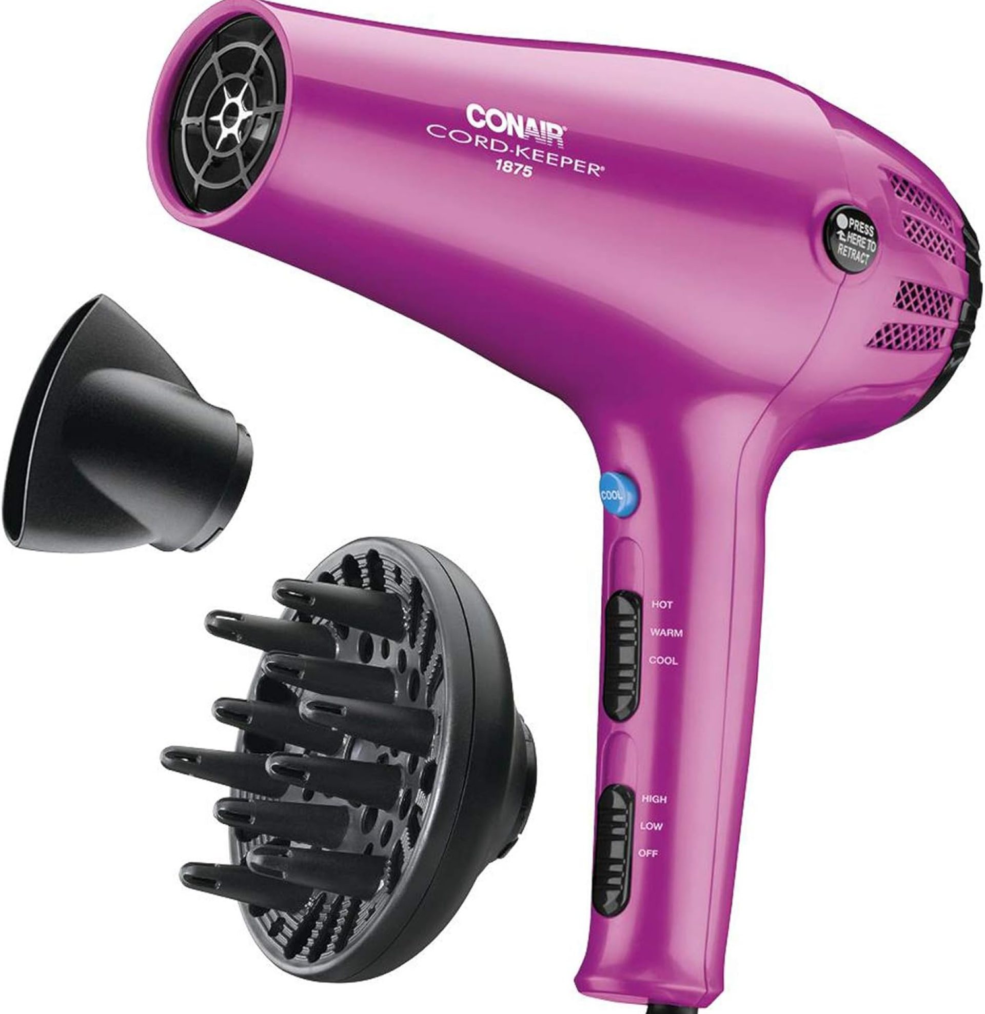 Conair Hair Dryer with Retractable Cord, 1875W Cord-Keeper Blow Dryer,Pink Conair Hair Dryer with Retractable Cord, 1875W Cord-Keeper Blow Dryer,Pink