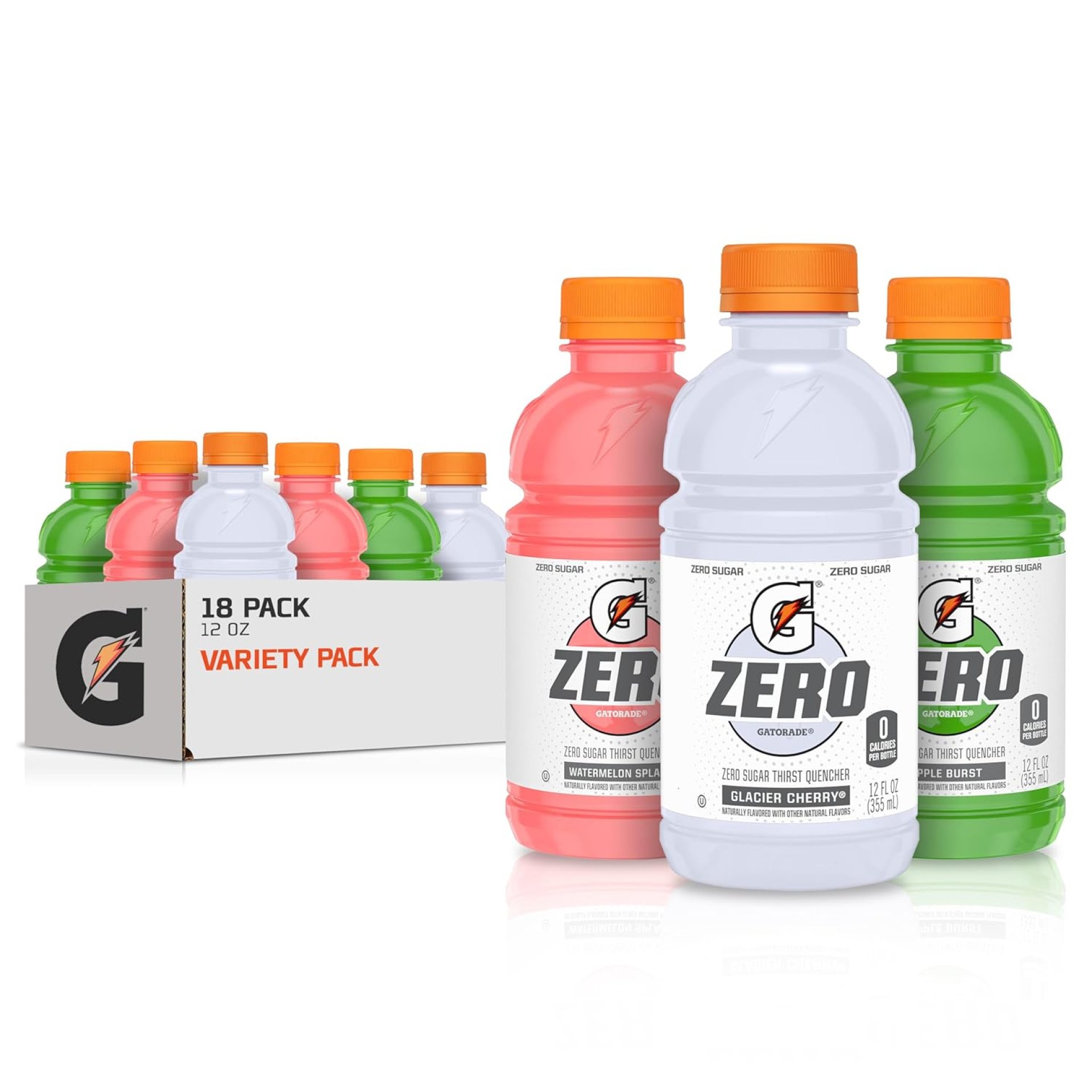Gatorade G Zero Sports Drink, Glacier Cherry, Watermelon Splash, Apple Burst Variety Pack, 12 Fl Oz (Pack of 18) Gatorade G Zero Sports Drink, Glacier Cherry, Watermelon Splash, Apple Burst Variety Pack, 12 Fl Oz (Pack of 18)