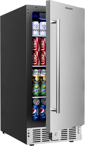 EUHOMY 15 Inch Under Counter Beverage Refrigerator, 125 Can Beverage Fridge with Stainless Steel Door for Beer Wine Soda, Beverage Cooler Built-in and Drink Fridge