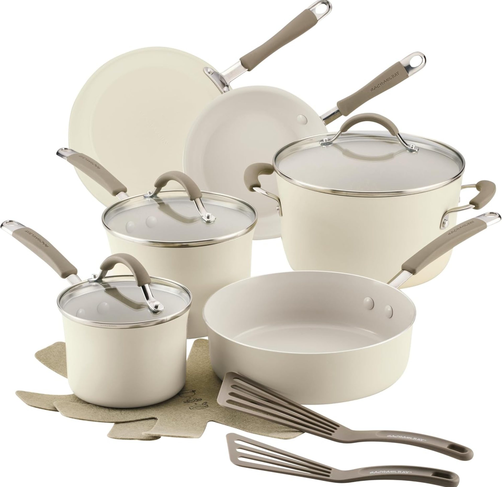 Rachael Ray Cucina Ceramic Nonstick Pots and Pans Set with Saucepans, Saute, Frying Pans, Stockpot, Lids, Pan Protectors, and Cooking Utensils, 13 Piece Non Stick Cookware Set – Almond Rachael Ray Cucina Ceramic Nonstick Pots and Pans Set with Saucepans, Saute, Frying Pans, Stockpot, Lids, Pan Protectors, and Cooking Utensils, 13 Piece Non Stick Cookware Set – Almond