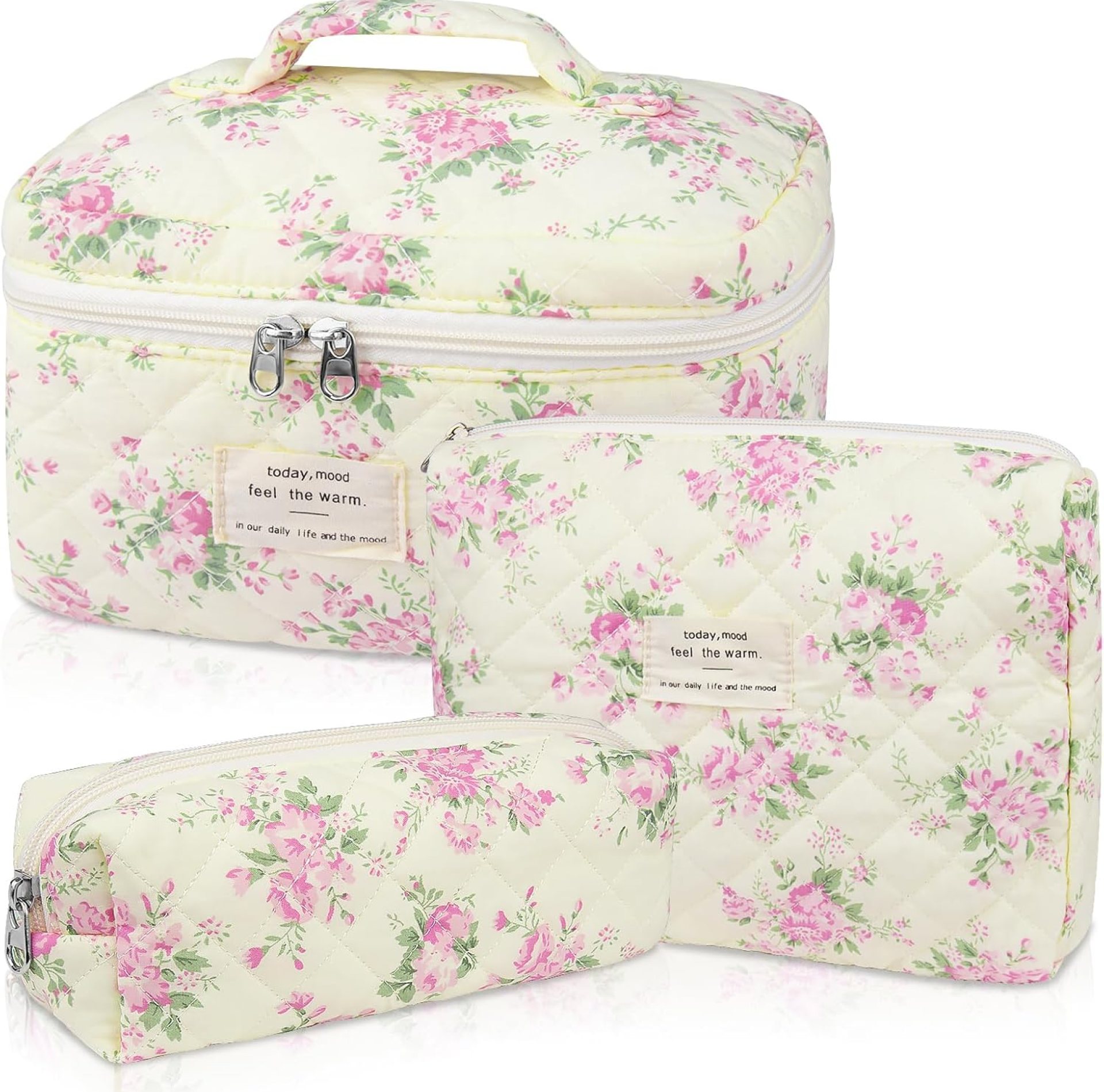Makeup Bag Set, Quilted Makeup Bag, Large Floral Cosmetic Bag for Women, Cute Cotton Makeup Bags, Flower Travel Toiletry Organizer Bag (Pink Floer) Makeup Bag Set, Quilted Makeup Bag, Large Floral Cosmetic Bag for Women, Cute Cotton Makeup Bags, Flower Travel Toiletry Organizer Bag (Pink Floer)