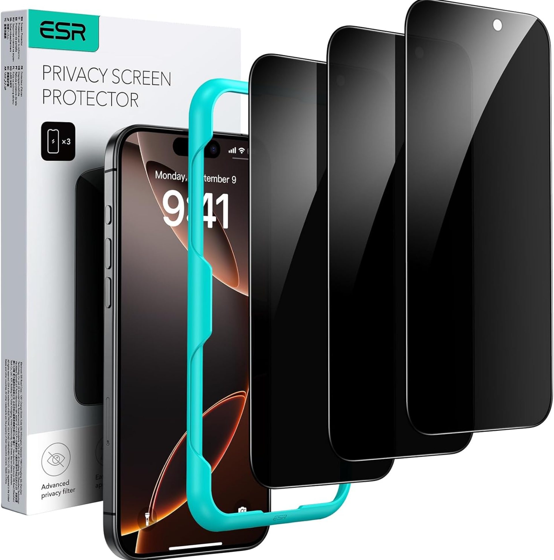 ESR 3 Pack for iPhone 16 Pro Max Privacy Screen Protector, Anti-spy Tempered-Glass Privacy Screen Protector with Easy Installation Tool, Micro-Curved Edges, Case Friendly ESR 3 Pack for iPhone 16 Pro Max Privacy Screen Protector, Anti-spy Tempered-Glass Privacy Screen Protector with Easy Installation Tool, Micro-Curved Edges, Case Friendly
