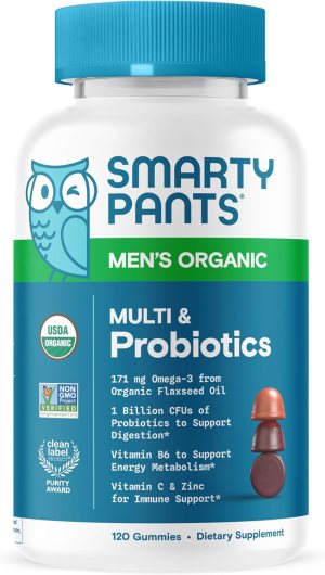 SmartyPants Multivitamin for Men, Organic Gummies: Probiotics, CoQ10, Methylfolate, Omega 3 (ALA), Vitamin D3, C, Vitamin B12, B6, A, K & Zinc for Immune Support, Biotin, 120 Gummies (30 Day Supply)