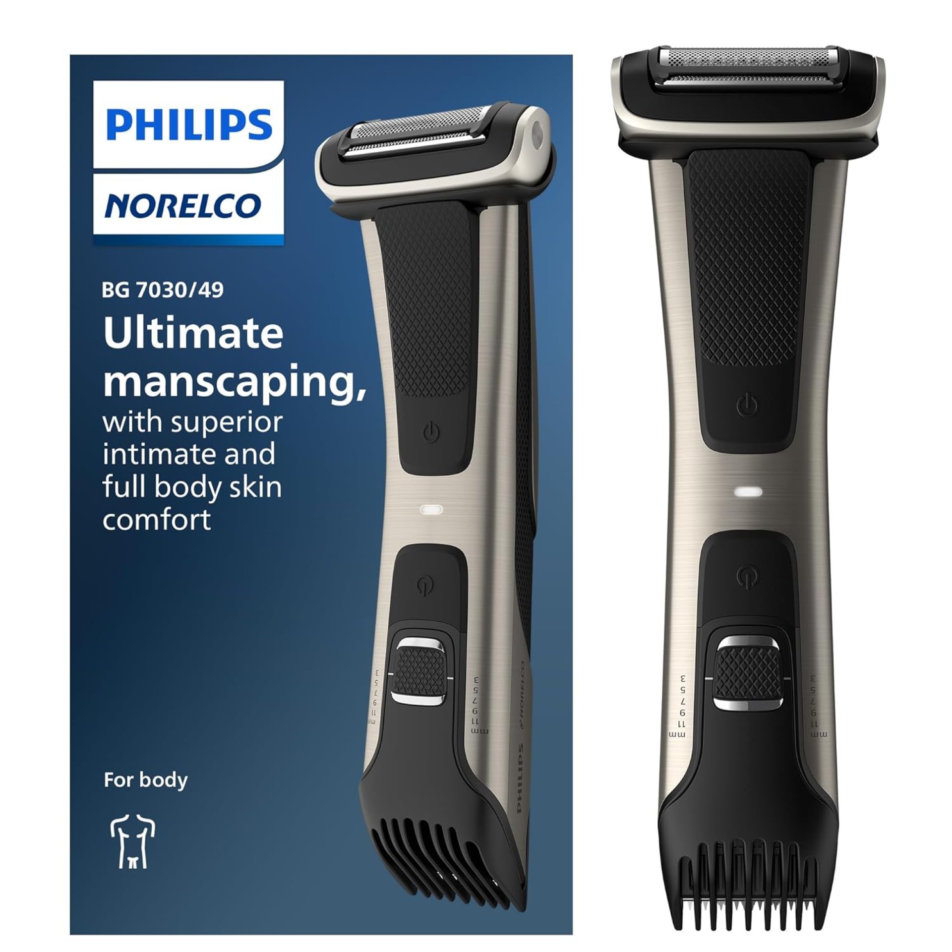 Philips Norelco Bodygroom 7000 Series, Showerproof Groin and Body Trimmer for Men, Precise Body Grooming, Adjustable Comb, Safe Even Below The Belt, 80 Min. Runtime, Model BG7030/49 Philips Norelco Bodygroom 7000 Series, Showerproof Groin and Body Trimmer for Men, Precise Body Grooming, Adjustable Comb, Safe Even Below The Belt, 80 Min. Runtime, Model BG7030/49