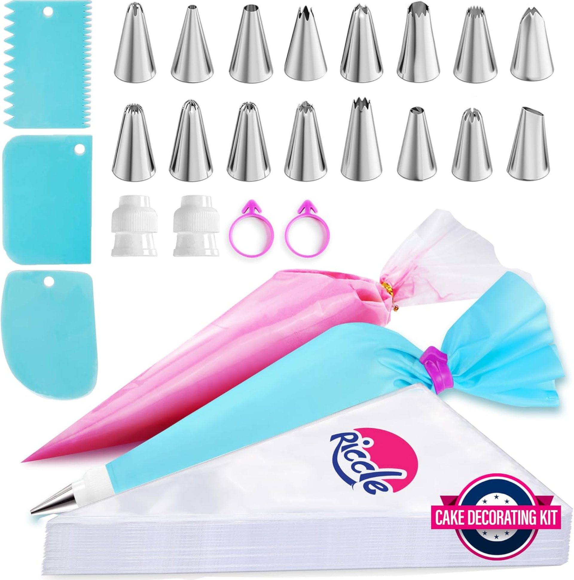 Riccle Piping Bags and Tips Set, 11.8 Inch 100 Anti Burst Piping Bags, 124 Pcs Cake Decorating Kit with 16 Piping Tips, 1 Reusable Pastry Bags, 3 Cake Scrapers, 2 Couplers, and 2 Icing Bags Ties Riccle Piping Bags and Tips Set, 11.8 Inch 100 Anti Burst Piping Bags, 124 Pcs Cake Decorating Kit with 16 Piping Tips, 1 Reusable Pastry Bags, 3 Cake Scrapers, 2 Couplers, and 2 Icing Bags Ties