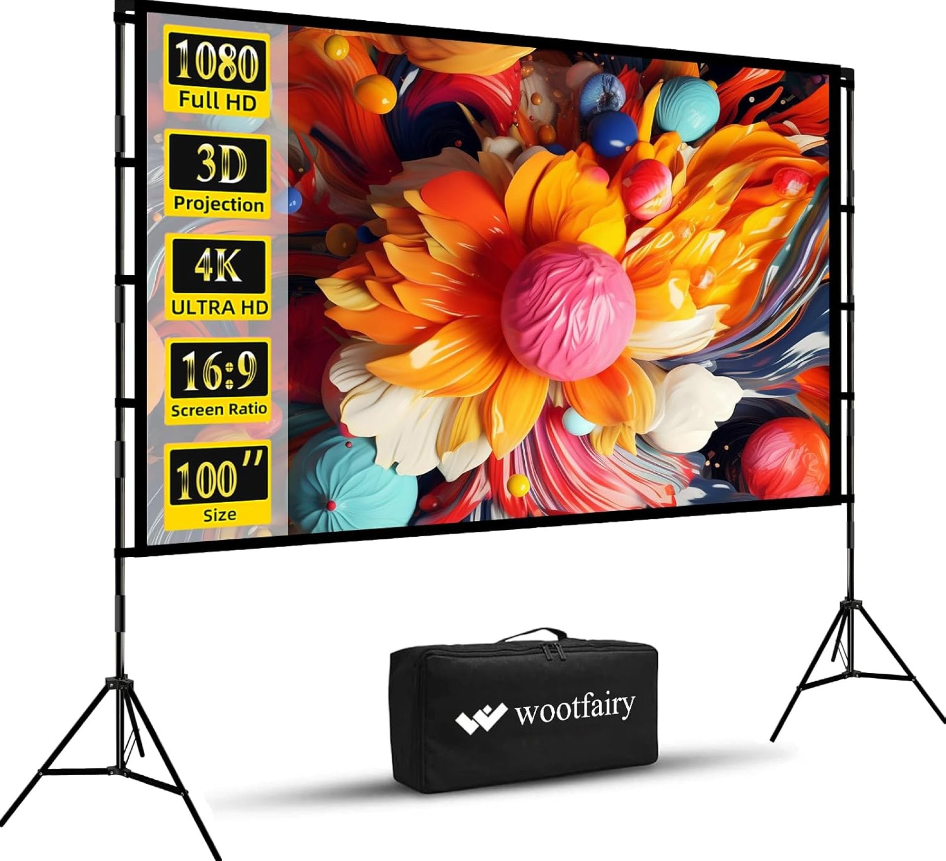 Projector Screen with Stand, Wootfairy 100 inch Foldable and Portable Projection Screen 16:9 4K HD Rear Front Wrinkle-Free Movie Screen with Carry Bag for Indoor Outdoor Home Theater Backyard Cinema Projector Screen with Stand, Wootfairy 100 inch Foldable and Portable Projection Screen 16:9 4K HD Rear Front Wrinkle-Free Movie Screen with Carry Bag for Indoor Outdoor Home Theater Backyard Cinema
