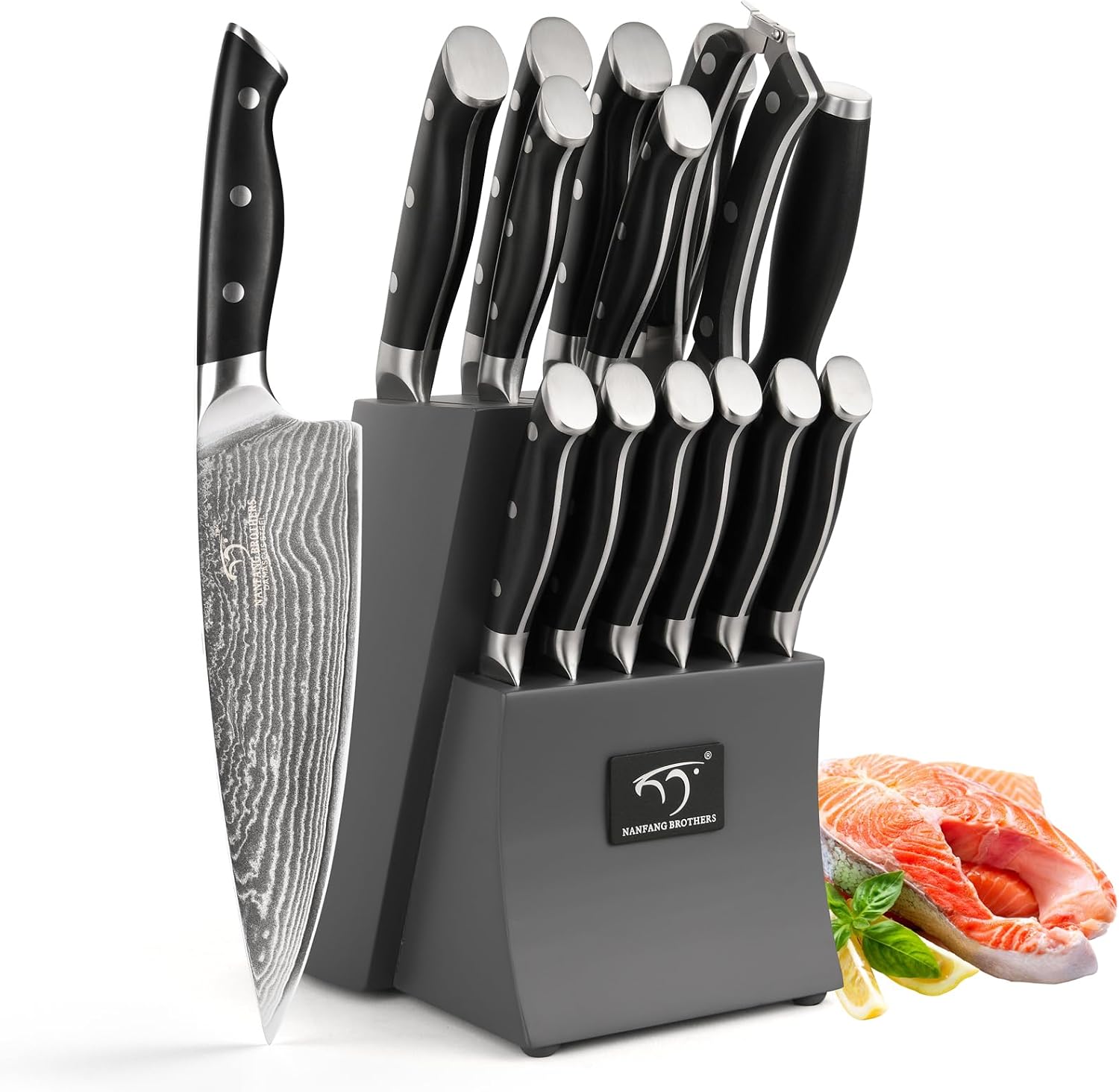 Damascus Kitchen Knife Set, 15-Piece Kitchen Knife Set with Block, ABS Ergonomic Handle for Chef Knife Set and Serrated Steak Knives Knife Sharpener and Kitchen Shears, 14 Slots Wooden Knife Block Damascus Kitchen Knife Set, 15-Piece Kitchen Knife Set with Block, ABS Ergonomic Handle for Chef Knife Set and Serrated Steak Knives Knife Sharpener and Kitchen Shears, 14 Slots Wooden Knife Block