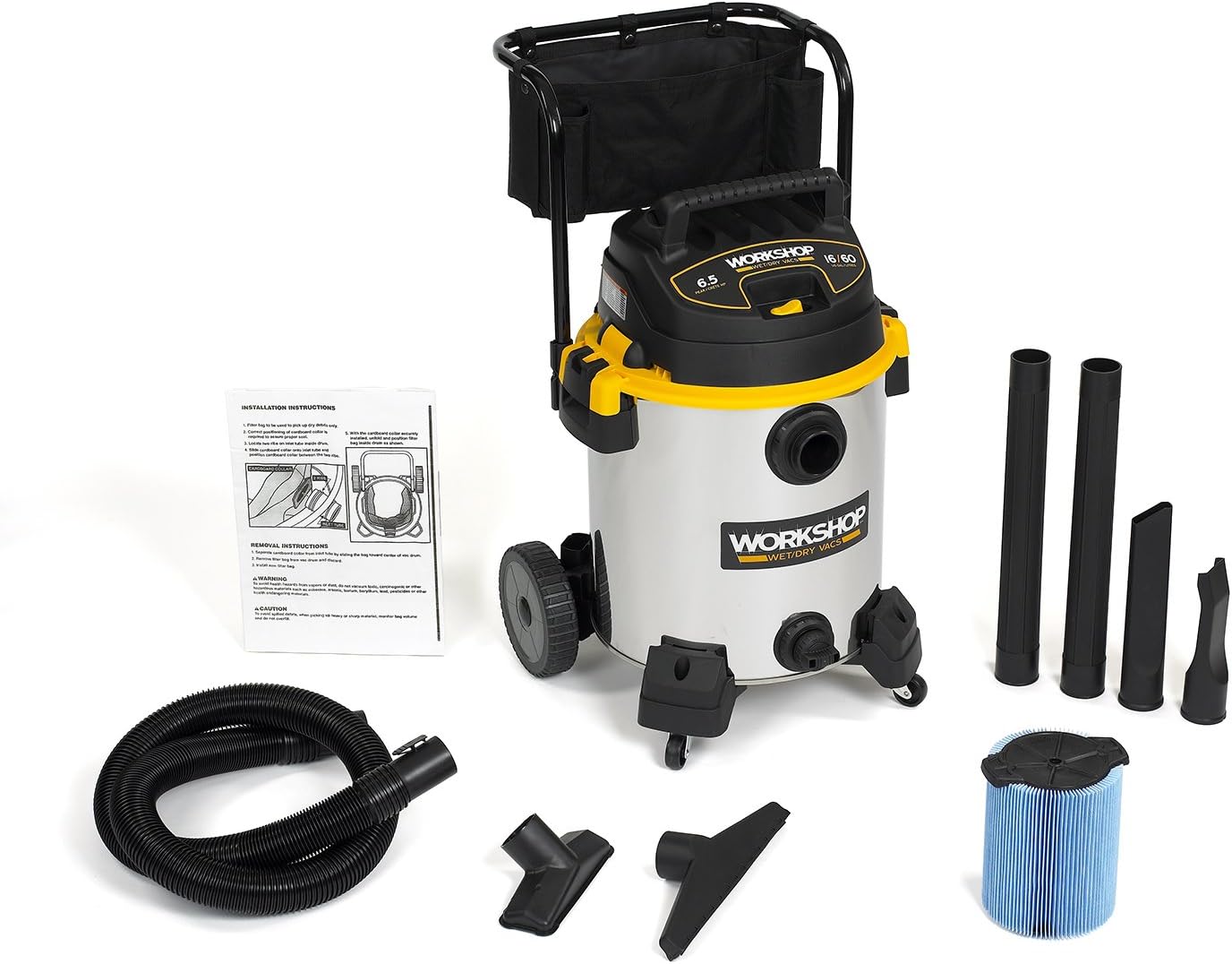 WORKSHOP Wet/Dry Vacs Shop Vacuum WS1600SS 16-Gallon 6.5 Peak HP Stainless Steel Wet Dry Vacuum Cleaner with Filter, Dust Bag, Hose, Attachments and Cart for Heavy Duty Professional Cleaning WORKSHOP Wet/Dry Vacs Shop Vacuum WS1600SS 16-Gallon 6.5 Peak HP Stainless Steel Wet Dry Vacuum Cleaner with Filter, Dust Bag, Hose, Attachments and Cart for Heavy Duty Professional Cleaning