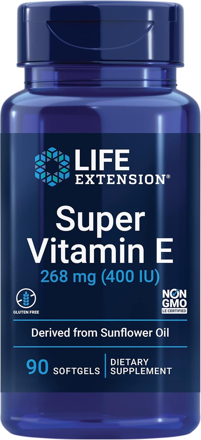 Life Extension Super Vitamin E 268 mg Non-Synthetic for Whole-Body Health, Gluten Free, Non-GMO, 90 Count Life Extension Super Vitamin E 268 mg Non-Synthetic for Whole-Body Health, Gluten Free, Non-GMO, 90 Count