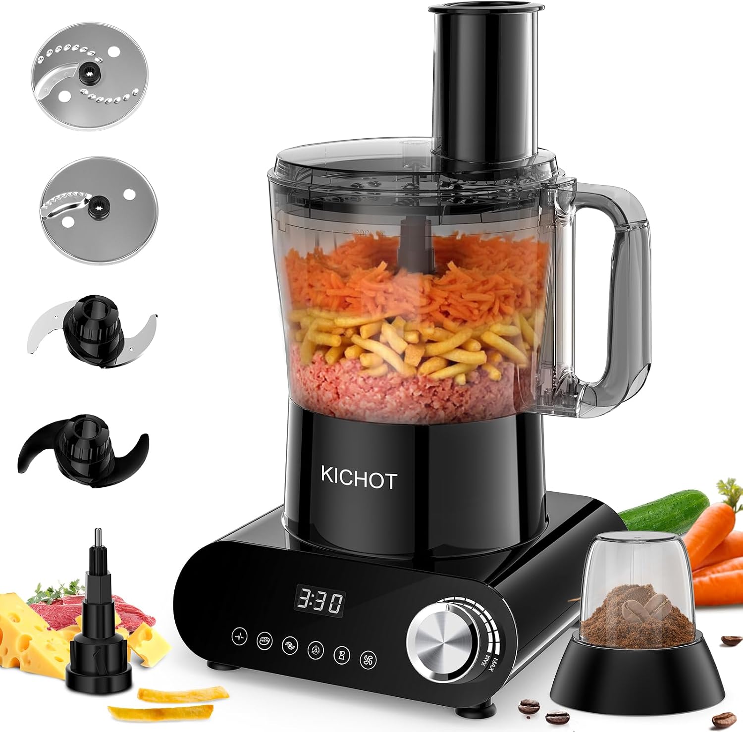 12 Cup Food Processor & Vegetable Chopper,French-Fry-Cutter, Stepless Speed,Digital Timer,Large Feed Chute,Ice Creshing,Chopping, Shredding, Slicing and Doughing,600W for Home Use,Black 12 Cup Food Processor & Vegetable Chopper,French-Fry-Cutter, Stepless Speed,Digital Timer,Large Feed Chute,Ice Creshing,Chopping, Shredding, Slicing and Doughing,600W for Home Use,Black