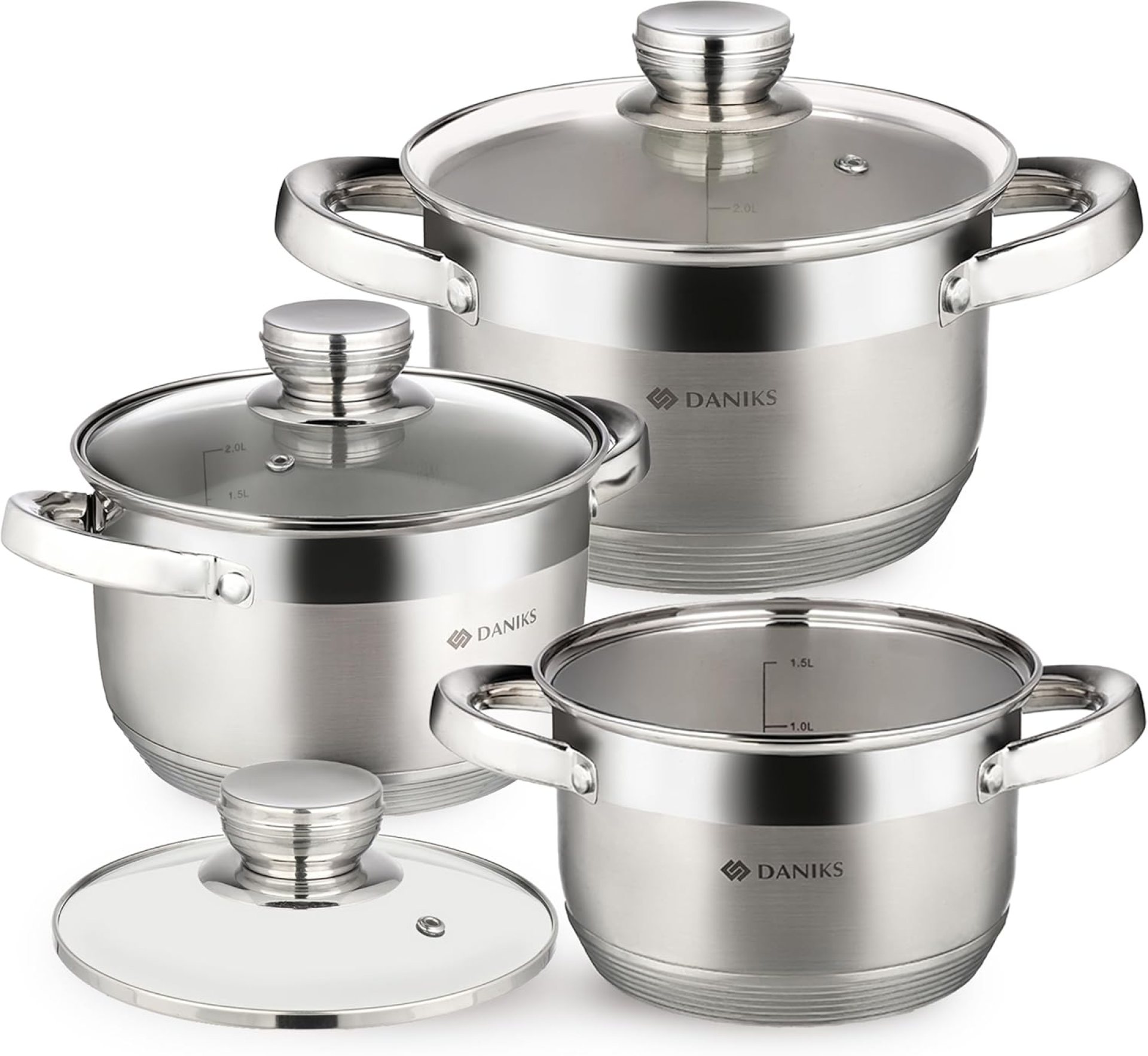 Daniks Standard 6-Piece Stainless Steel Induction Cookware Set, Dishwasher Safe Pots, Measuring Scale, Glass Lids, For Soup, Pasta, Stew, Silver Daniks Standard 6-Piece Stainless Steel Induction Cookware Set, Dishwasher Safe Pots, Measuring Scale, Glass Lids, For Soup, Pasta, Stew, Silver