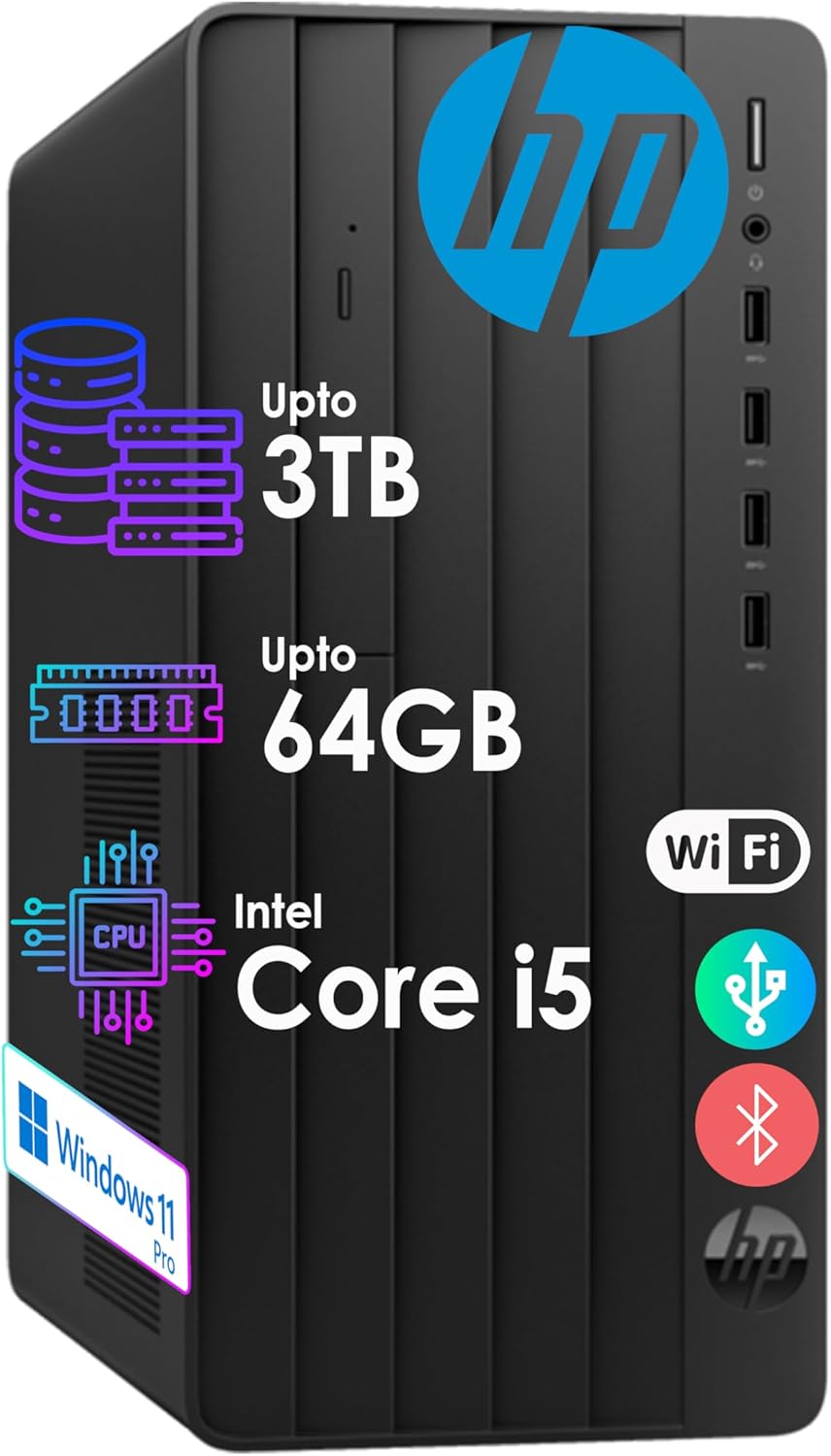 HP Desktop Tower Pro | Intel Core i5 (6-Core Turbo-Boost 4.4GHz) Processor | 64GB RAM, 3.0TB Storage | Wi-Fi, Bluetooth | HDMI, USB, VGA, DVD-W, RJ-45| Keyboard & Mouse Included| Wins 11 Pro HP Desktop Tower Pro | Intel Core i5 (6-Core Turbo-Boost 4.4GHz) Processor | 64GB RAM, 3.0TB Storage | Wi-Fi, Bluetooth | HDMI, USB, VGA, DVD-W, RJ-45| Keyboard & Mouse Included| Wins 11 Pro