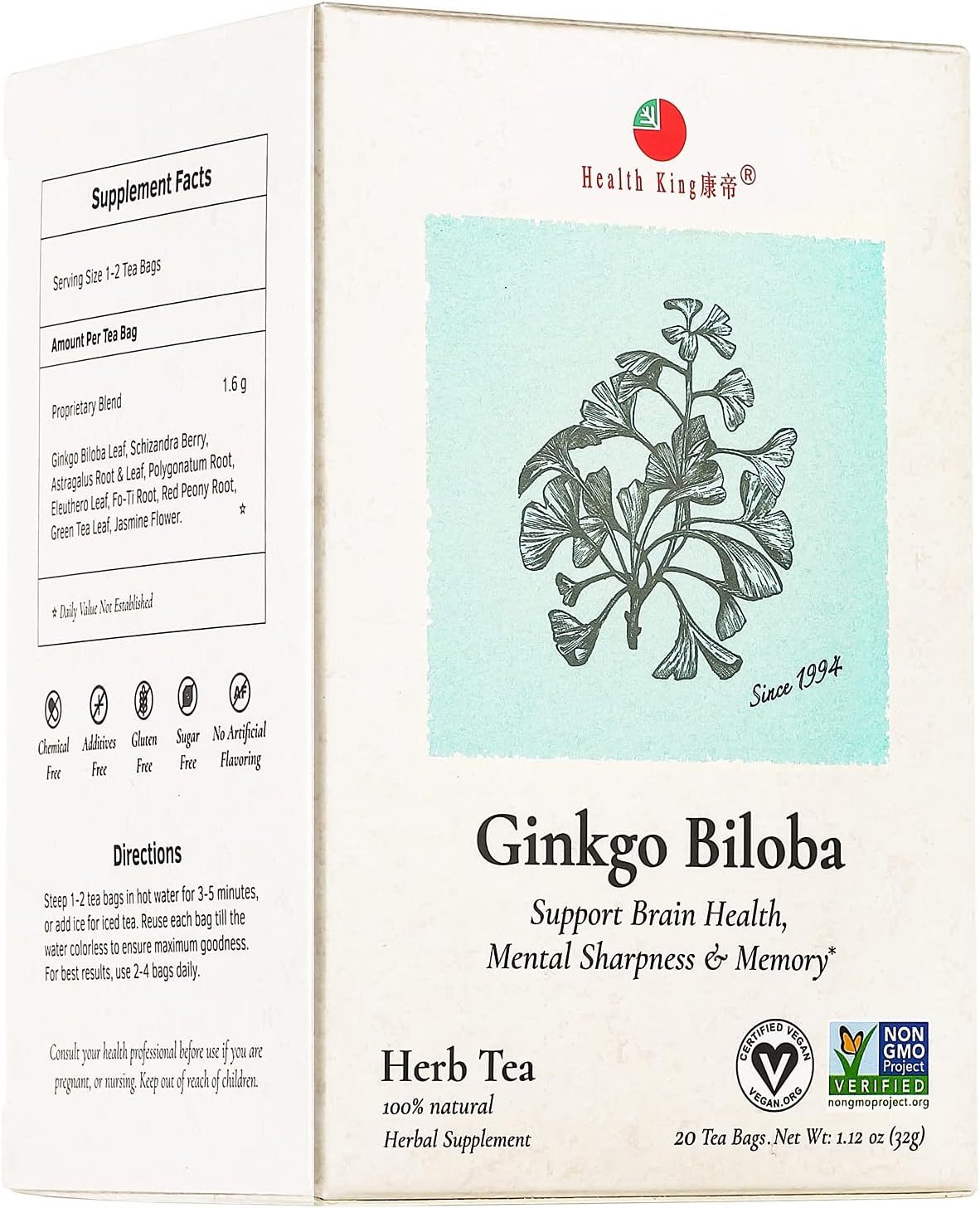 Health King Ginkgo Biloba Herb Tea, Teabags, 20 Count Box Health King Ginkgo Biloba Herb Tea, Teabags, 20 Count Box
