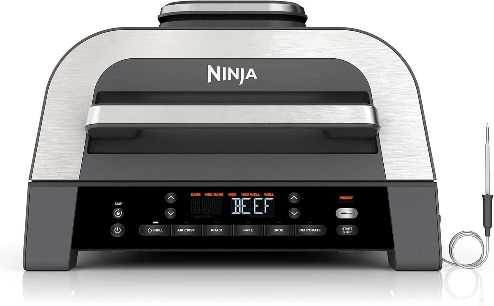 Ninja DG551 Foodi Smart XL 6-in-1 Indoor Grill with Air Fry, Roast, Bake, Broil, & Dehydrate, Foodi Smart Thermometer, 2nd Generation, Black/Silver Ninja DG551 Foodi Smart XL 6-in-1 Indoor Grill with Air Fry, Roast, Bake, Broil, & Dehydrate, Foodi Smart Thermometer, 2nd Generation, Black/Silver