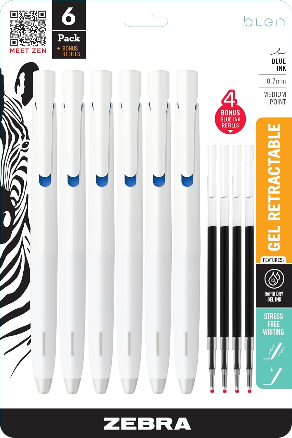 Zebra Pen bLen Retractable Ballpoint Gel Pen + refills, White Barrel, Medium Point, 0.7mm, Blue Ink, 6-Pack Zebra Pen bLen Retractable Ballpoint Gel Pen + refills, White Barrel, Medium Point, 0.7mm, Blue Ink, 6-Pack