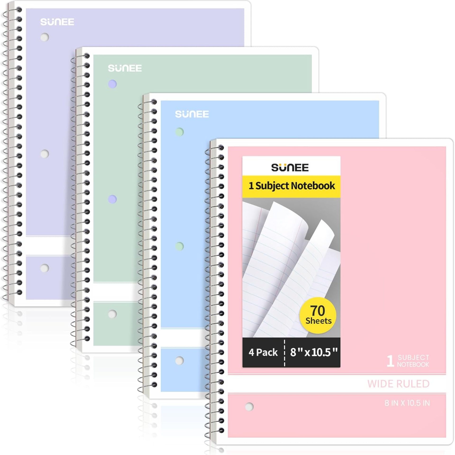 SUNEE Spiral Notebooks Wide Ruled, 1-Subject, 4 Pack, 8 x 10-1/2 in, 70 Sheets, 3-Hole Punched Paper, Pastel Pink, Purple, Blue, Green for School, Home & Office, Writing Journal SUNEE Spiral Notebooks Wide Ruled, 1-Subject, 4 Pack, 8 x 10-1/2 in, 70 Sheets, 3-Hole Punched Paper, Pastel Pink, Purple, Blue, Green for School, Home & Office, Writing Journal