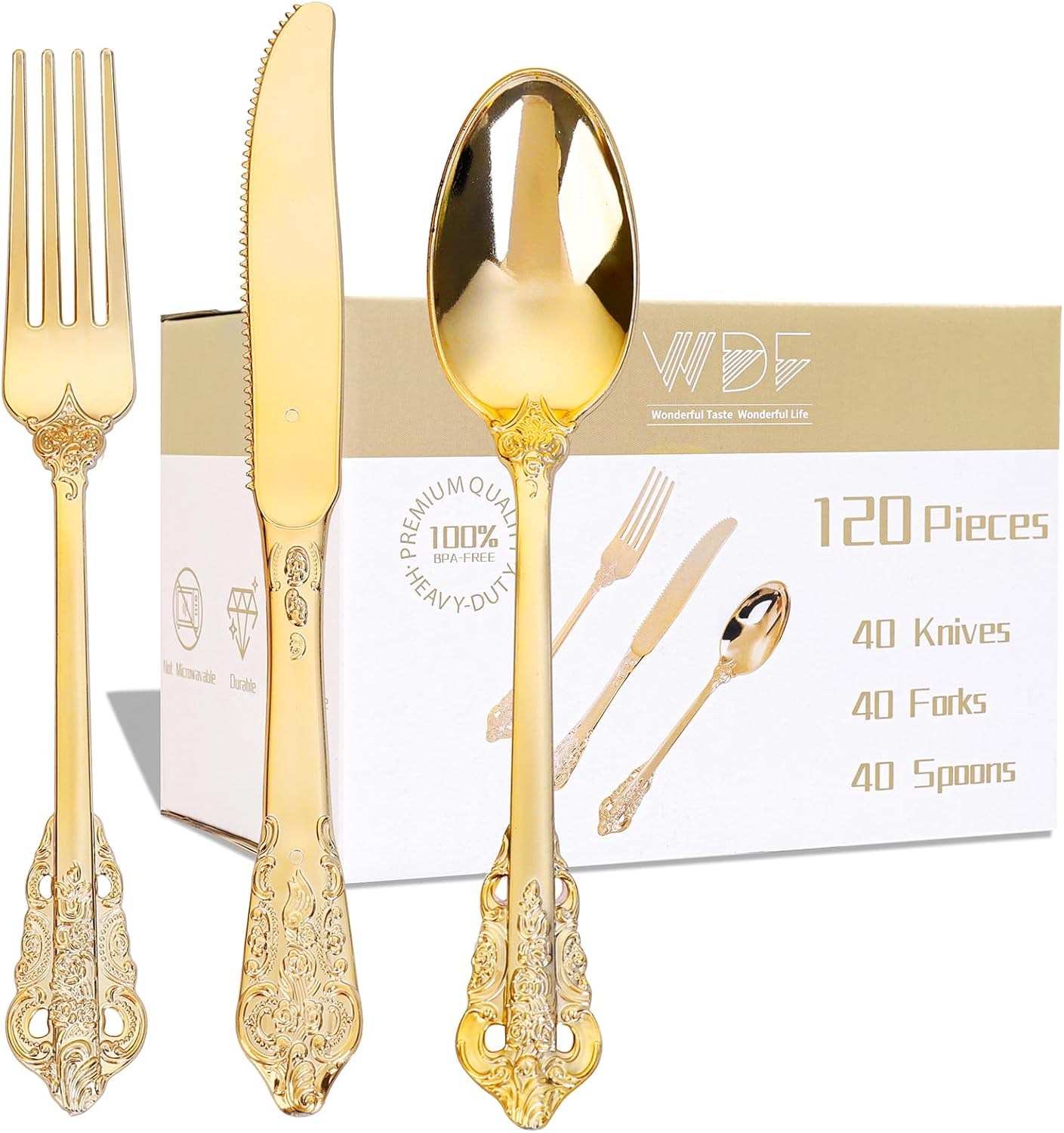 WDF 120PCS Gold Plastic Silverware – Heavy Duty Gold Plastic Cutlery Set Gold Disposable Utensils – 40 Gold Forks, 40 Gold Spoons, 40 Gold Knives, Perfect for Party/Weeding and Daily Use WDF 120PCS Gold Plastic Silverware – Heavy Duty Gold Plastic Cutlery Set Gold Disposable Utensils – 40 Gold Forks, 40 Gold Spoons, 40 Gold Knives, Perfect for Party/Weeding and Daily Use