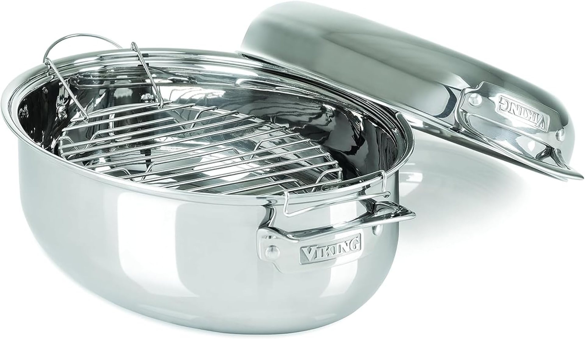 Viking 3-Ply Oval Roasting Pan, 8.5 Quart, Stainless Steel Kitchen Cookware with Metal Induction Lid and Rack, Great for Turkey, Dishwasher and Oven Safe, Silver Viking 3-Ply Oval Roasting Pan, 8.5 Quart, Stainless Steel Kitchen Cookware with Metal Induction Lid and Rack, Great for Turkey, Dishwasher and Oven Safe, Silver