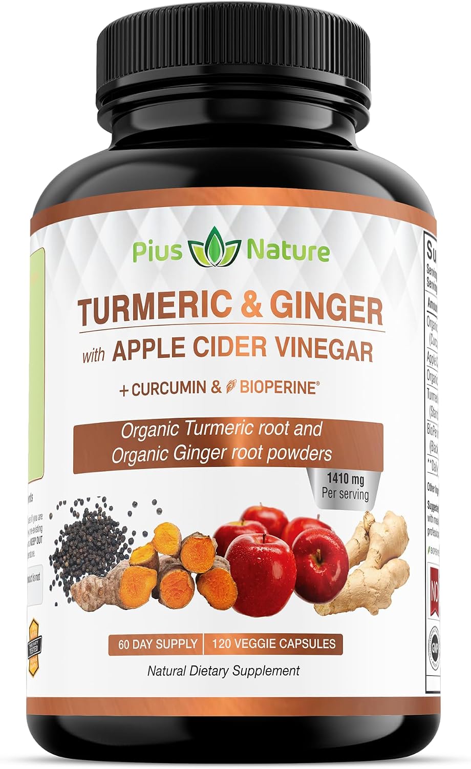 120 Capsules of USDA Organic Turmeric Root Powder, USDA Organic Ginger Powder and Apple Cider Vinegar Powder with Curcumin (95% Curcuminoids) and Bioperine, 1410 mg per Serving in Veggie Capsules 120 Capsules of USDA Organic Turmeric Root Powder, USDA Organic Ginger Powder and Apple Cider Vinegar Powder with Curcumin (95% Curcuminoids) and Bioperine, 1410 mg per Serving in Veggie Capsules