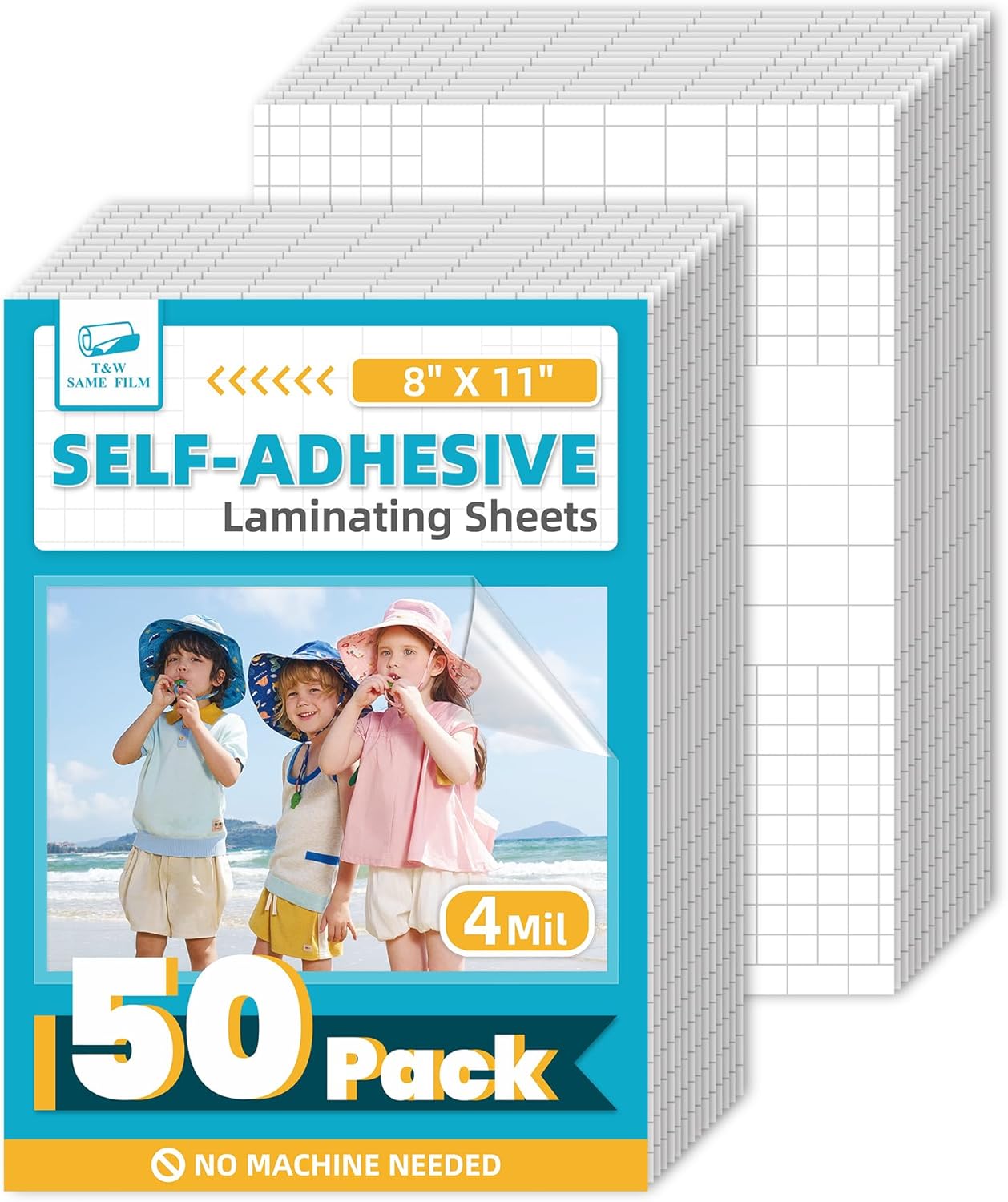 T&W SAME FILM 50 Pack Self Adhesive Laminating Sheets, 4mil, 8 x 11 Inch Laminator Sheets, Self Sealing Laminating Sheets for Laminator, Round Corner, No Heat, No Machine Needed T&W SAME FILM 50 Pack Self Adhesive Laminating Sheets, 4mil, 8 x 11 Inch Laminator Sheets, Self Sealing Laminating Sheets for Laminator, Round Corner, No Heat, No Machine Needed