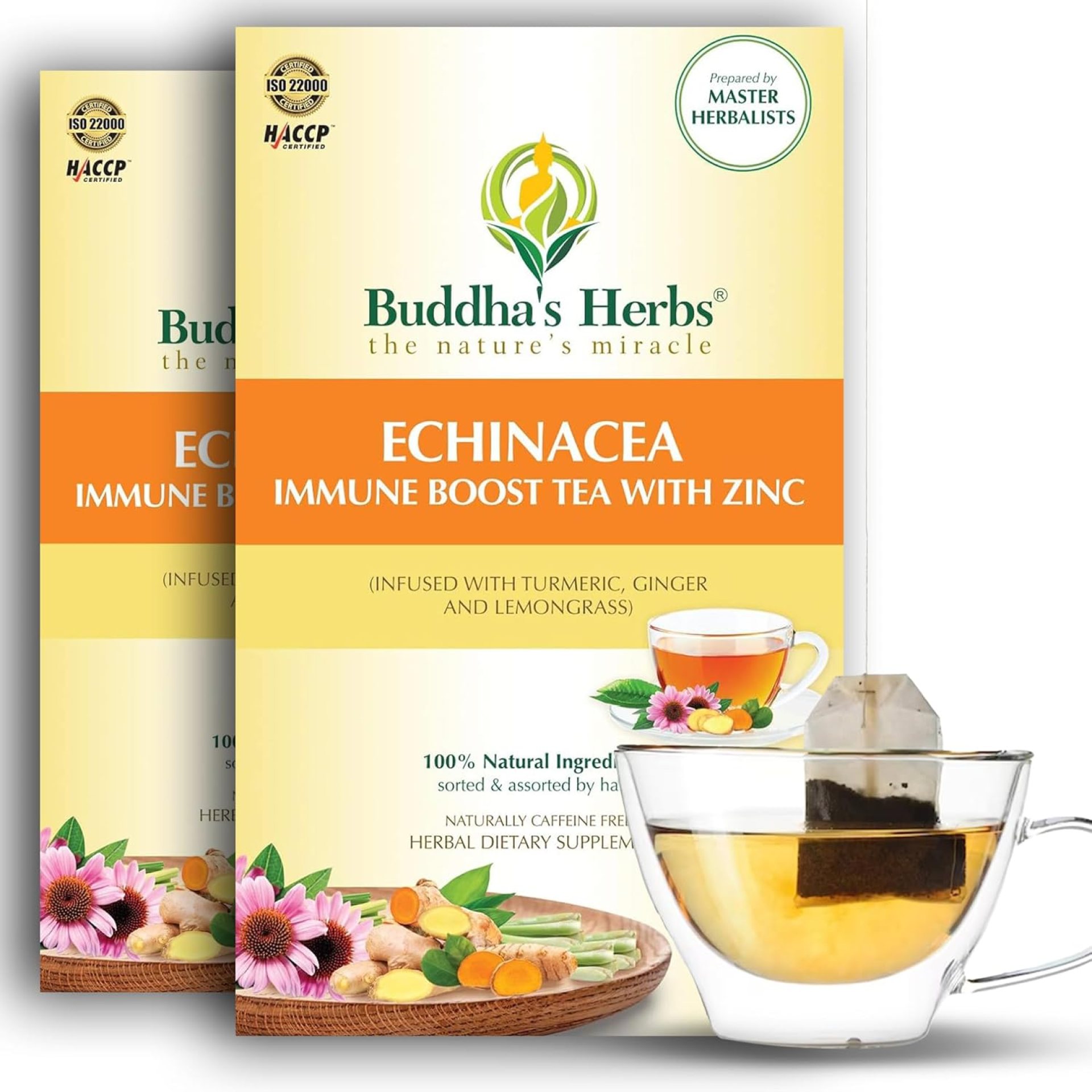 Buddha’s Herbs Organic Echinacea Herbal Tea Supplement, Immune Support Supplement with Zinc, Turmeric, Ginger & Lemongrass (2 Pack, 44 Tea Bags) Buddha’s Herbs Organic Echinacea Herbal Tea Supplement, Immune Support Supplement with Zinc, Turmeric, Ginger & Lemongrass (2 Pack, 44 Tea Bags)