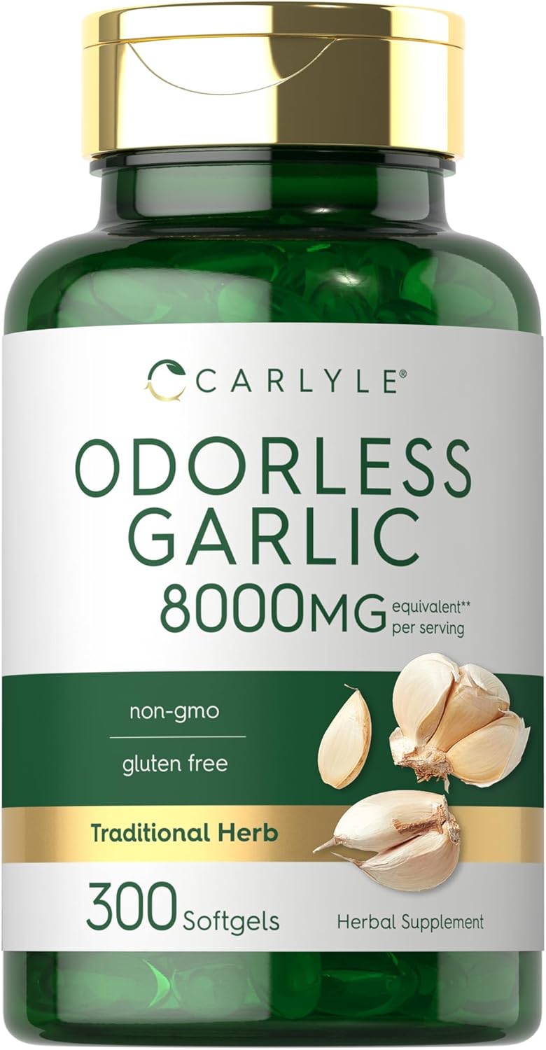 Carlyle Odorless Garlic Softgels 8000 mg | 300 Count | High Potency Formula | Non-GMO and Soy Free Carlyle Odorless Garlic Softgels 8000 mg | 300 Count | High Potency Formula | Non-GMO and Soy Free