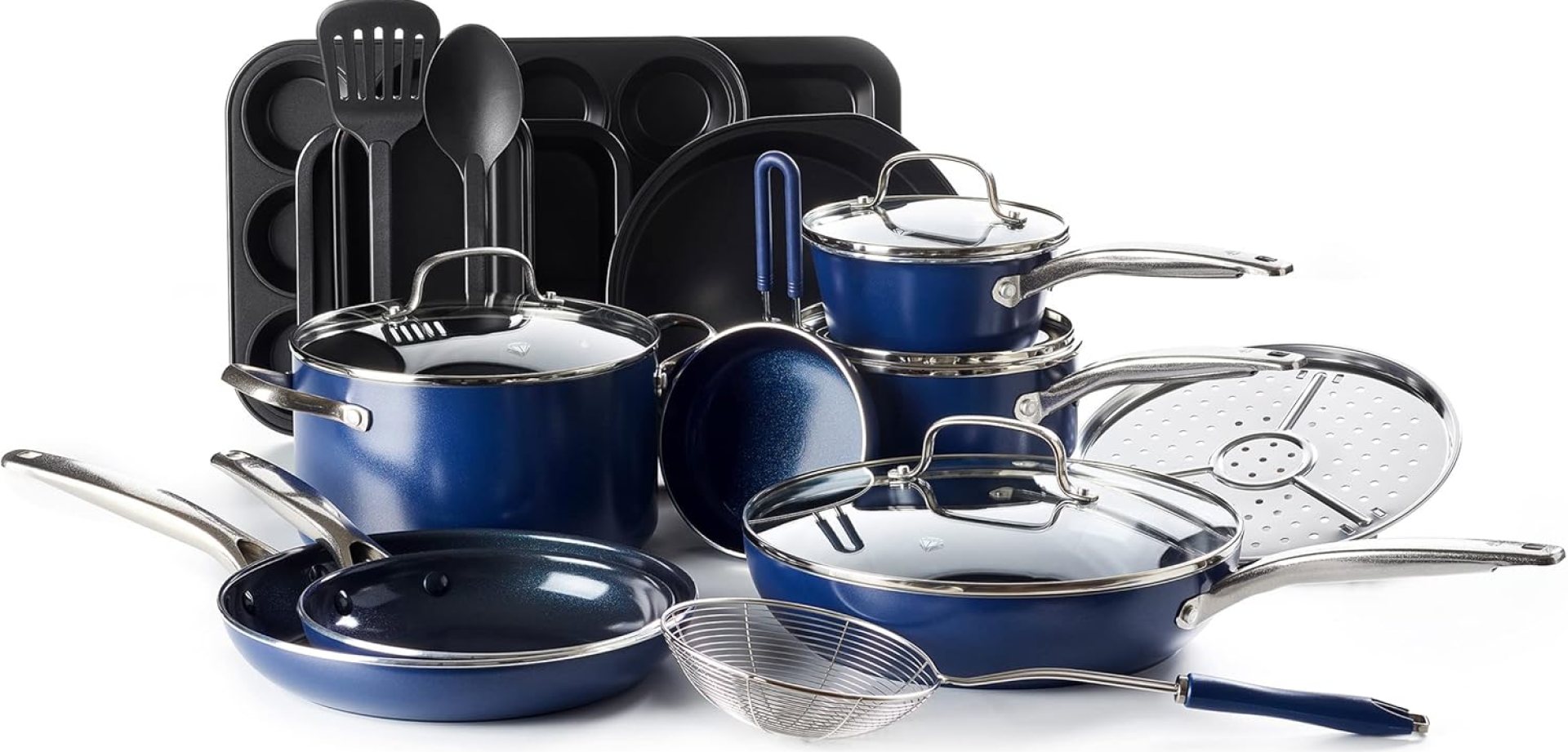 Blue Diamond 20 Piece Nonstick Cookware Set, Diamond Ceramic Pots & Pans, Dishwasher & Metal Utensil Safe, Non Toxic PFAS-Free, Kitchen Cooking Sauce & Saute Pans, Oven & Broiler to 600F, Blue Blue Diamond 20 Piece Nonstick Cookware Set, Diamond Ceramic Pots & Pans, Dishwasher & Metal Utensil Safe, Non Toxic PFAS-Free, Kitchen Cooking Sauce & Saute Pans, Oven & Broiler to 600F, Blue