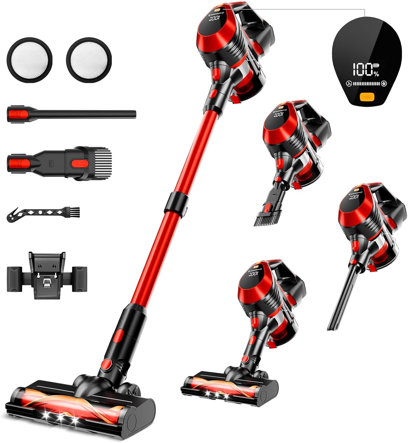 Cordless Vacuum Cleaner – Lightweight, 35Kpa Home Stick Vacuum, Smart Display & Removable Battery, Up to 45 Mins, 8 in 1 Portable Handhled Vacuum, Wall Mount Charging for Hardfloor, Carpet Red Cordless Vacuum Cleaner – Lightweight, 35Kpa Home Stick Vacuum, Smart Display & Removable Battery, Up to 45 Mins, 8 in 1 Portable Handhled Vacuum, Wall Mount Charging for Hardfloor, Carpet Red
