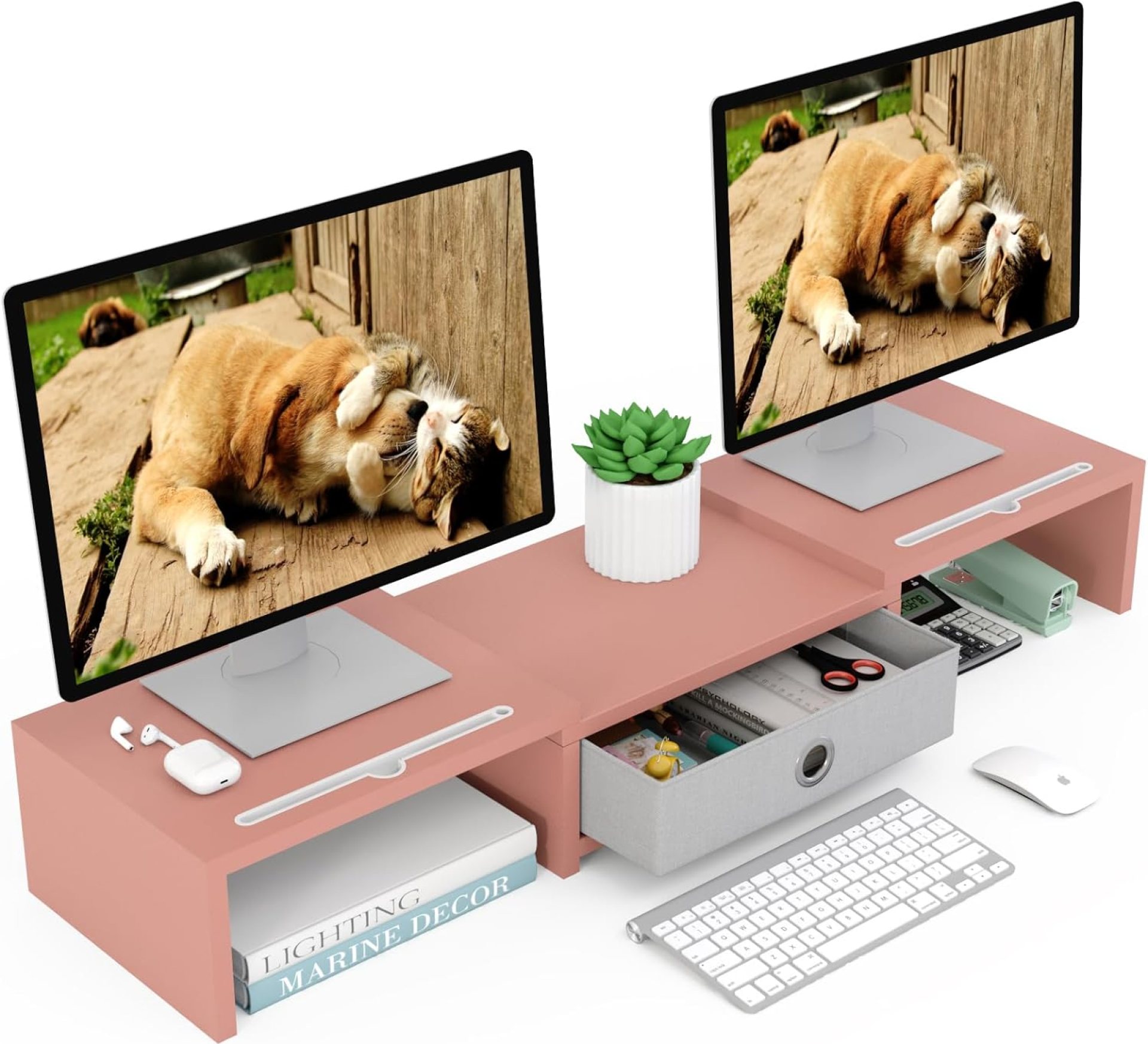 WESTREE Dual 3 Shelf Computer Riser with Drawer, Adjustable Length and Angle, Desktop 2 Monitor Stand Storage Organizer WESTREE Dual 3 Shelf Computer Riser with Drawer, Adjustable Length and Angle, Desktop 2 Monitor Stand Storage Organizer