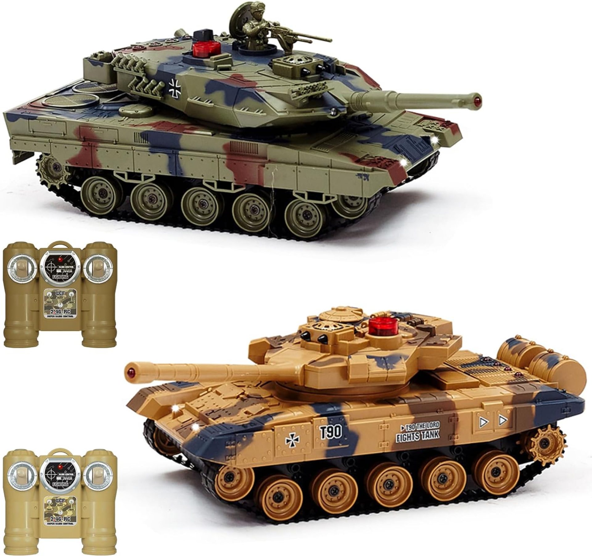 Fistone 1/24 Scale RC Battle Tank Set – Remote Control T90 & Leopard Tanks with Realistic Sounds, Lights, Life Indicators, and Spray Effects – Military Toy for Kids & Adults Fistone 1/24 Scale RC Battle Tank Set – Remote Control T90 & Leopard Tanks with Realistic Sounds, Lights, Life Indicators, and Spray Effects – Military Toy for Kids & Adults