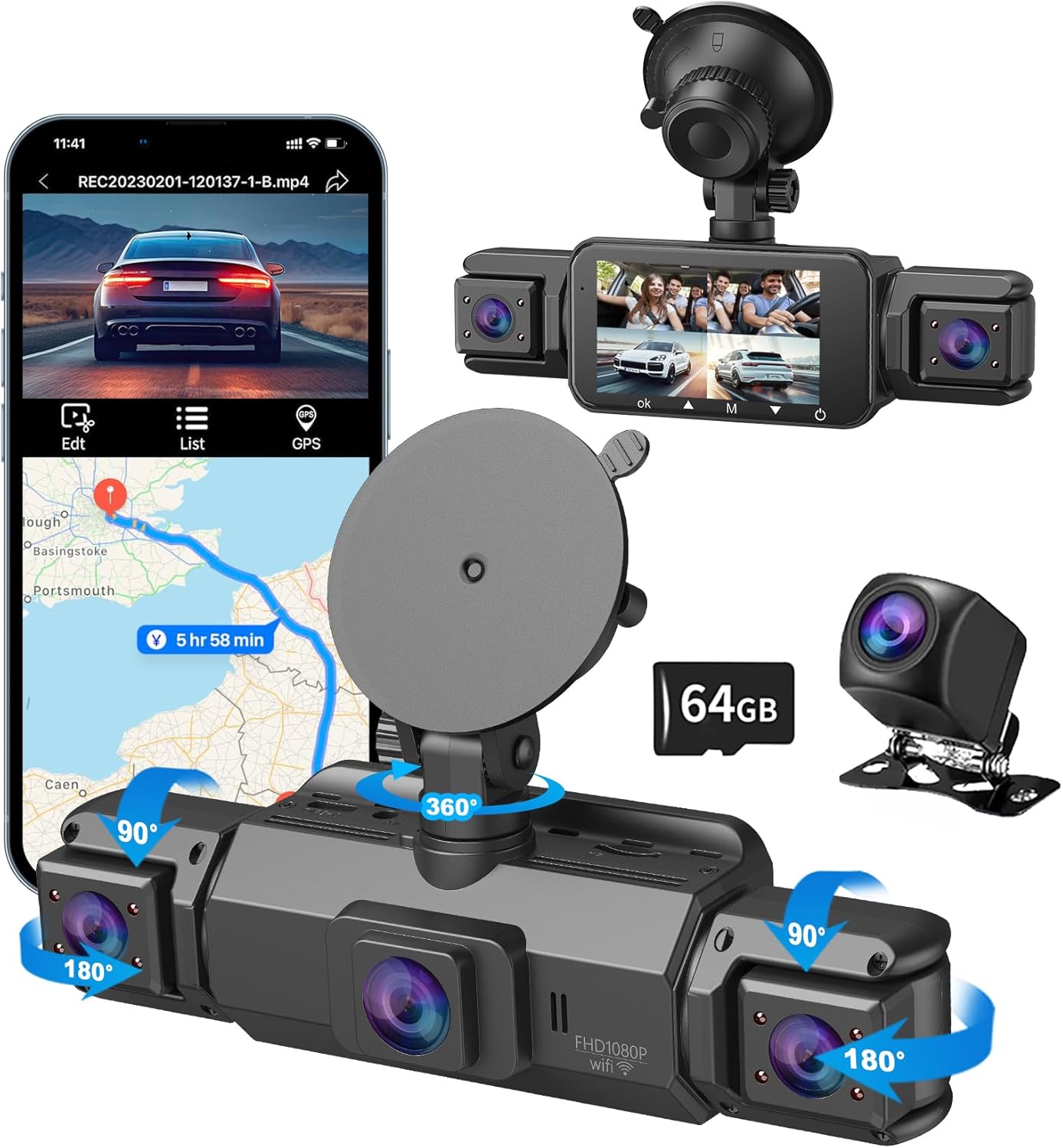 4 Channel Dash Cam, Front and Rear, 360 Dash Camera for Cars, 1080P FHD x4, Front 2K+1080P*2 Inside Camera, Built-in WiFi, GPS, Night Vision, 24/7 Recording Parking Mode Monitor, Free 64G Card 4 Channel Dash Cam, Front and Rear, 360 Dash Camera for Cars, 1080P FHD x4, Front 2K+1080P*2 Inside Camera, Built-in WiFi, GPS, Night Vision, 24/7 Recording Parking Mode Monitor, Free 64G Card