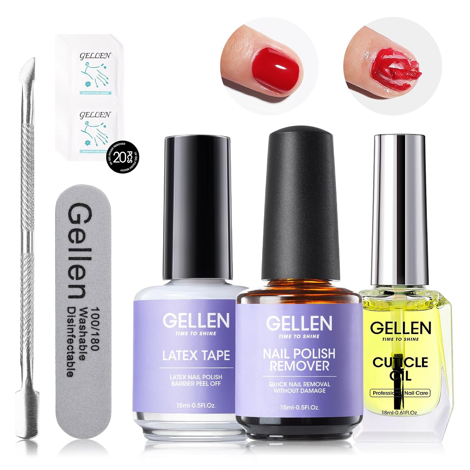 Gellen Gel Nail Polish Remover Kit, Gel Polish Remover for Nails with Liquid Latex Tape Cuticle Oil and Manicure Tools, Quick & Easy Gel Remover in 3-5 Minutes, No Soaking Or Wrapping Gellen Gel Nail Polish Remover Kit, Gel Polish Remover for Nails with Liquid Latex Tape Cuticle Oil and Manicure Tools, Quick & Easy Gel Remover in 3-5 Minutes, No Soaking Or Wrapping