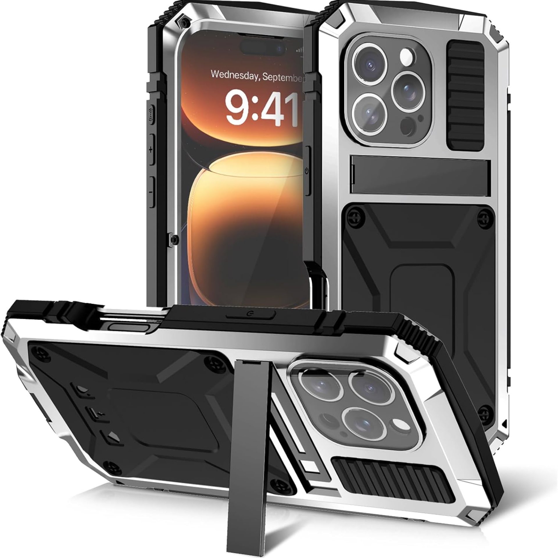 Case for iPhone 16/16 Plus/16 Pro/16 Pro Max, Heavy Duty Protective Metal Bumper Silicone Case with Stand Built-in Screen Protector, Outdoor Shockproof Cover Case for iPhone 16/16 Plus/16 Pro/16 Pro Max, Heavy Duty Protective Metal Bumper Silicone Case with Stand Built-in Screen Protector, Outdoor Shockproof Cover
