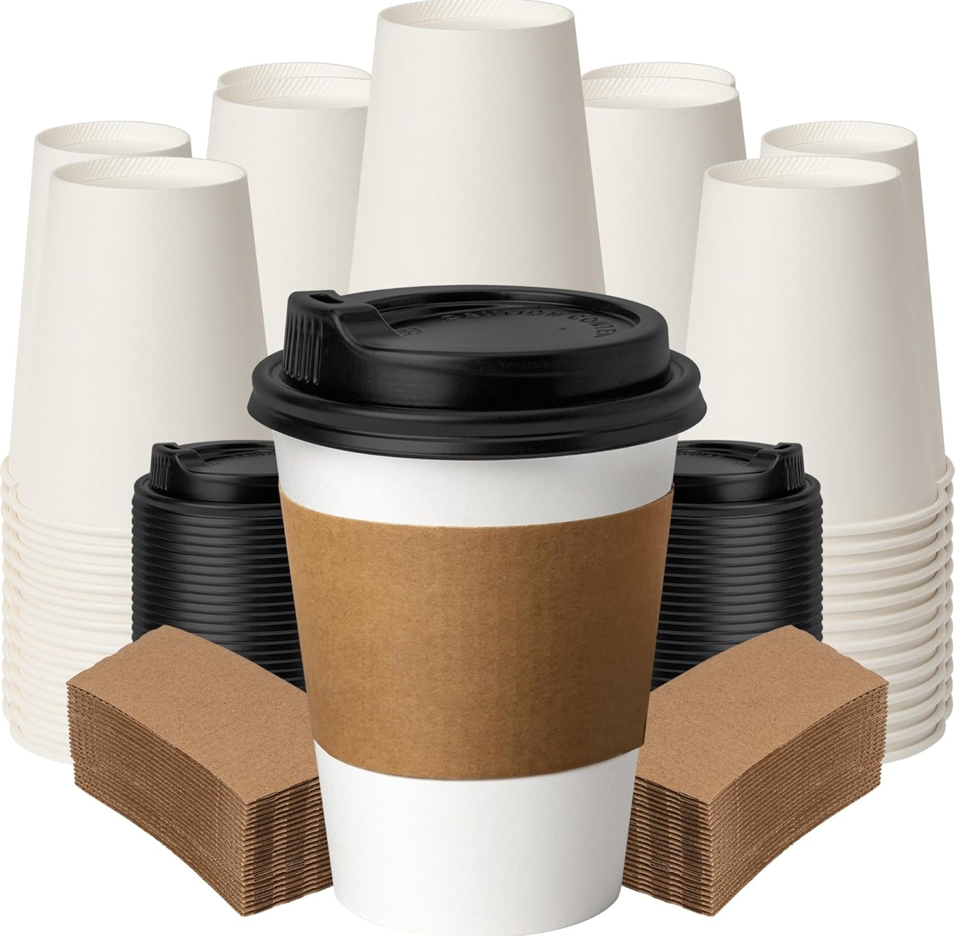 12 oz Coffee Cups with Lids and Sleeves 100 Pack, White Leak-Proof Disposable Coffee Cups for Hot/Cold Beverages, Party Supplies, To-Go Paper Cups for Coffee, Tea, Office, Picnic 12 oz Coffee Cups with Lids and Sleeves 100 Pack, White Leak-Proof Disposable Coffee Cups for Hot/Cold Beverages, Party Supplies, To-Go Paper Cups for Coffee, Tea, Office, Picnic