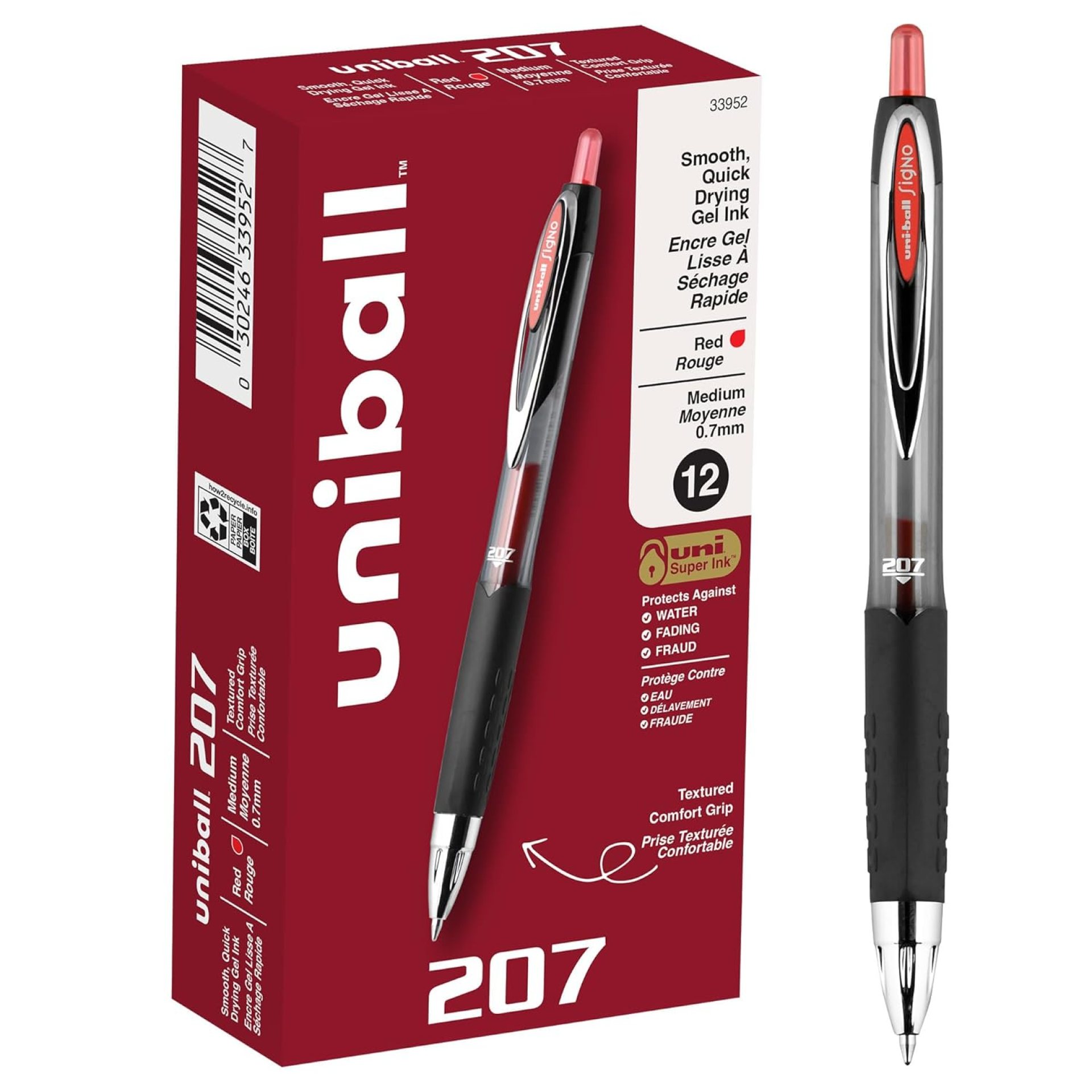 uni-ball® 207™ Retractable Fraud Prevention Gel Pens, Medium Point, 0.7 mm, Black Barrels, Red Ink, Pack Of 12 uni-ball® 207™ Retractable Fraud Prevention Gel Pens, Medium Point, 0.7 mm, Black Barrels, Red Ink, Pack Of 12