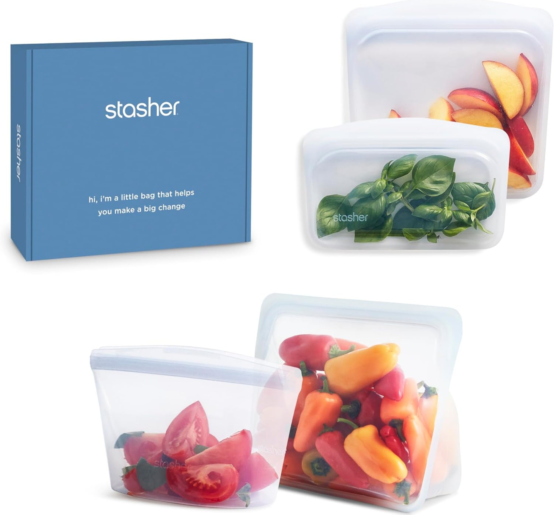 Stasher Premium Silicone Reusable Food Storage Bags 4-Pack Boxed Starter Kit, Clear, Microwave, Sous Vide, Dishwasher, Oven & Freezer Safe, Multi-Use Containers, BPA Free, Leak-free, Eco-friendly Stasher Premium Silicone Reusable Food Storage Bags 4-Pack Boxed Starter Kit, Clear, Microwave, Sous Vide, Dishwasher, Oven & Freezer Safe, Multi-Use Containers, BPA Free, Leak-free, Eco-friendly