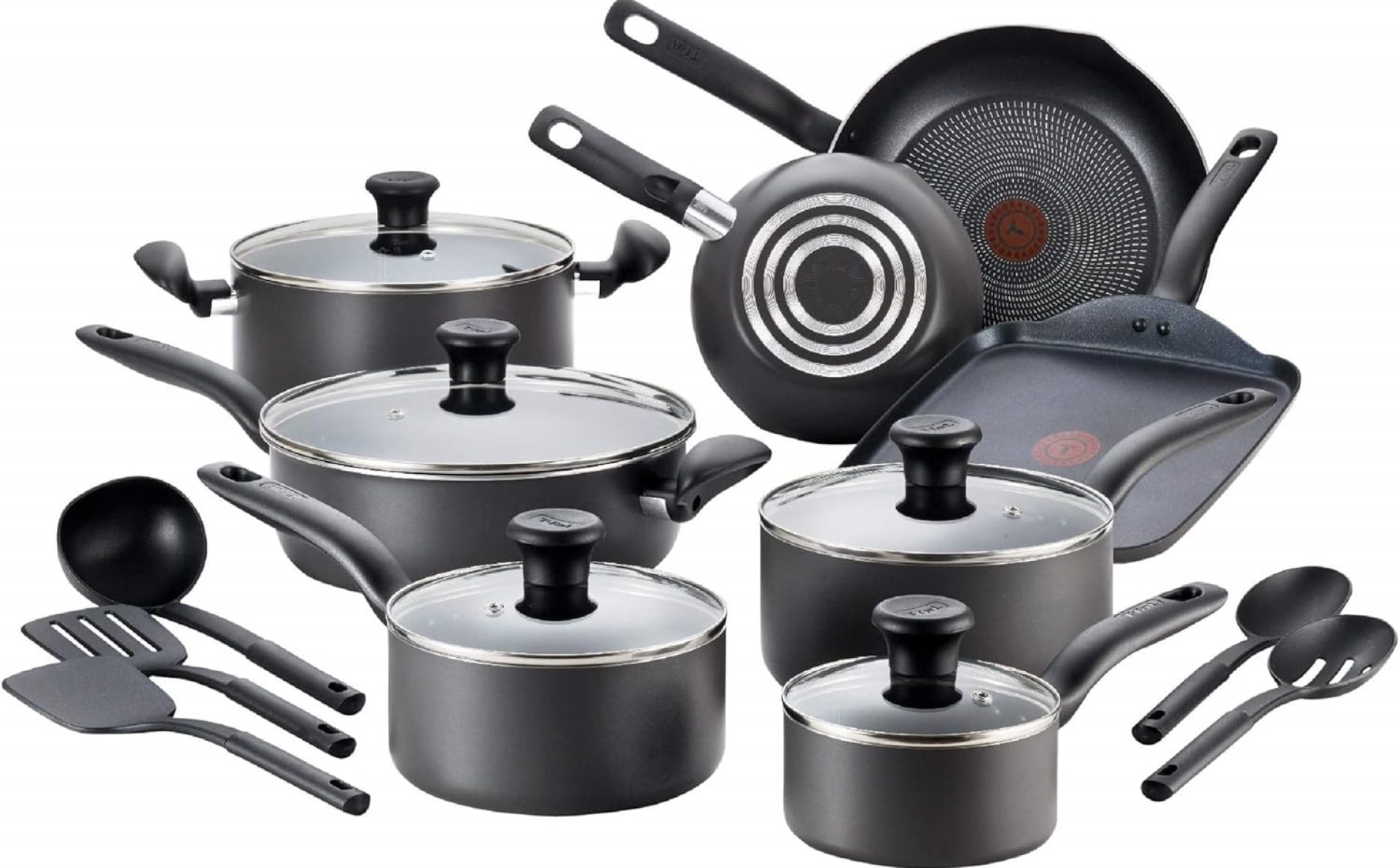 T-fal Initiatives Nonstick Cookware Set 18 Piece, Oven Broiler Safe 350F, Kitchen Cooking Set w/Fry Pans, Saucepans, Stockpots, Skillet, Spoons, Lids Pots and Pans Set Non Stick Dishwasher Safe Black T-fal Initiatives Nonstick Cookware Set 18 Piece, Oven Broiler Safe 350F, Kitchen Cooking Set w/Fry Pans, Saucepans, Stockpots, Skillet, Spoons, Lids Pots and Pans Set Non Stick Dishwasher Safe Black