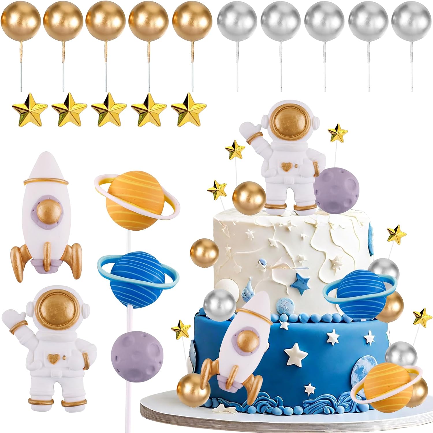 Space Theme Cake Topper 20Pcs Outer Space Cake Decoration Astronaut Figurine Rocket Balls and Stars Spaceman Figures for Two The Moon First Trip Around the Sun Birthday Baby Shower Space Theme Cake Topper 20Pcs Outer Space Cake Decoration Astronaut Figurine Rocket Balls and Stars Spaceman Figures for Two The Moon First Trip Around the Sun Birthday Baby Shower