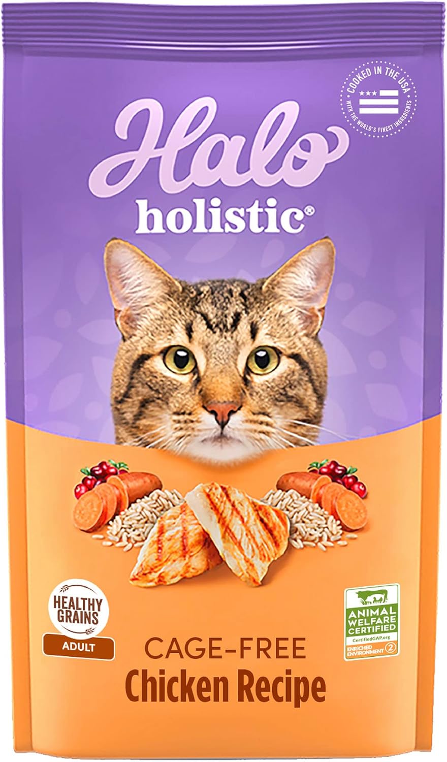Halo Holistic Cage Free Chicken Cat Food, Healthy Grains Dry Cat Food, Complete Digestive Health, Kibble for Adult Cats, 3 lb Bag Halo Holistic Cage Free Chicken Cat Food, Healthy Grains Dry Cat Food, Complete Digestive Health, Kibble for Adult Cats, 3 lb Bag