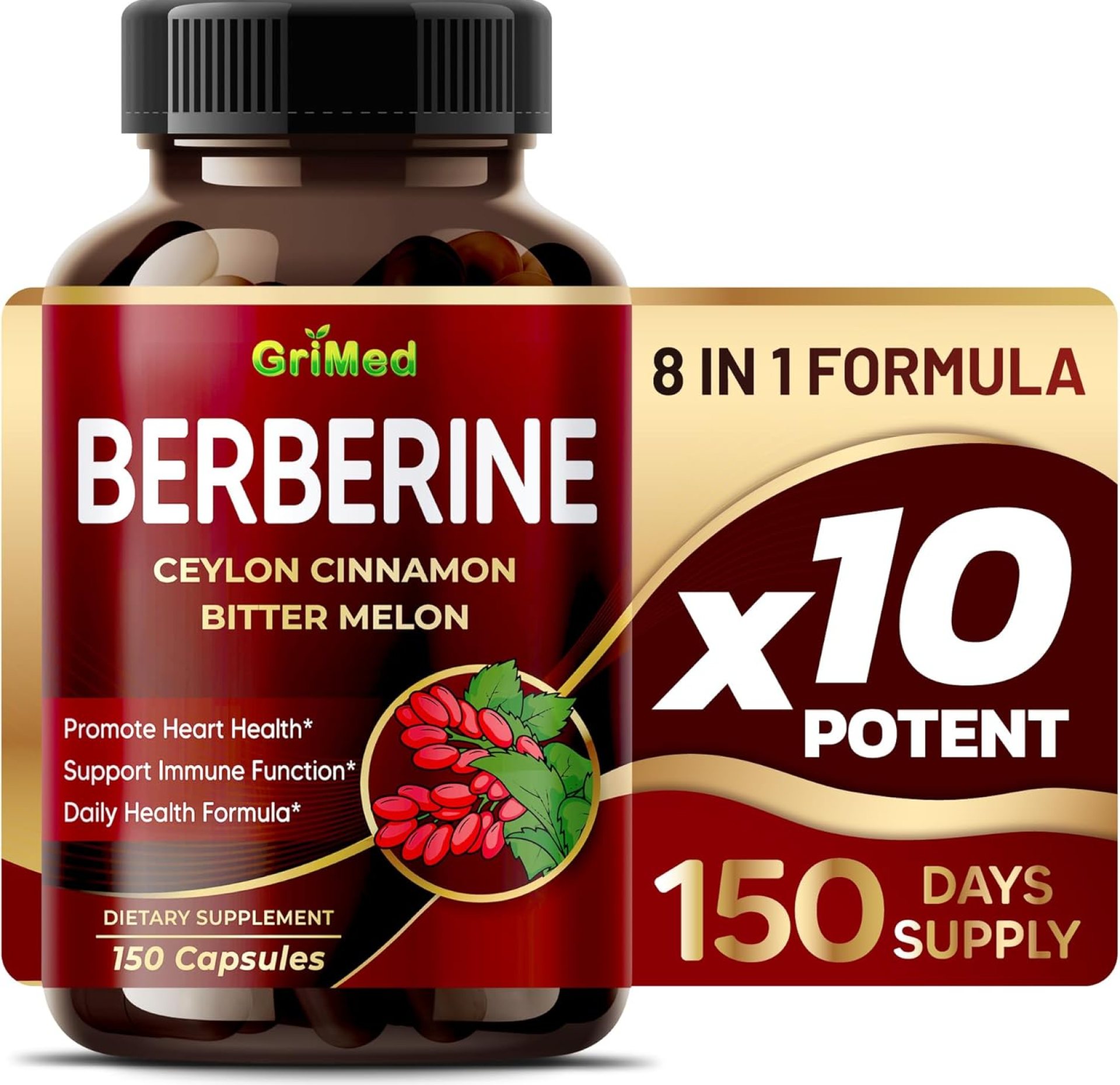 GriMed Berberine Supplement 9,500mg with Ceylon Cinnamon Bitter Melon Supports Healthy Immune System – Made in The USA GriMed Berberine Supplement 9,500mg with Ceylon Cinnamon Bitter Melon Supports Healthy Immune System – Made in The USA