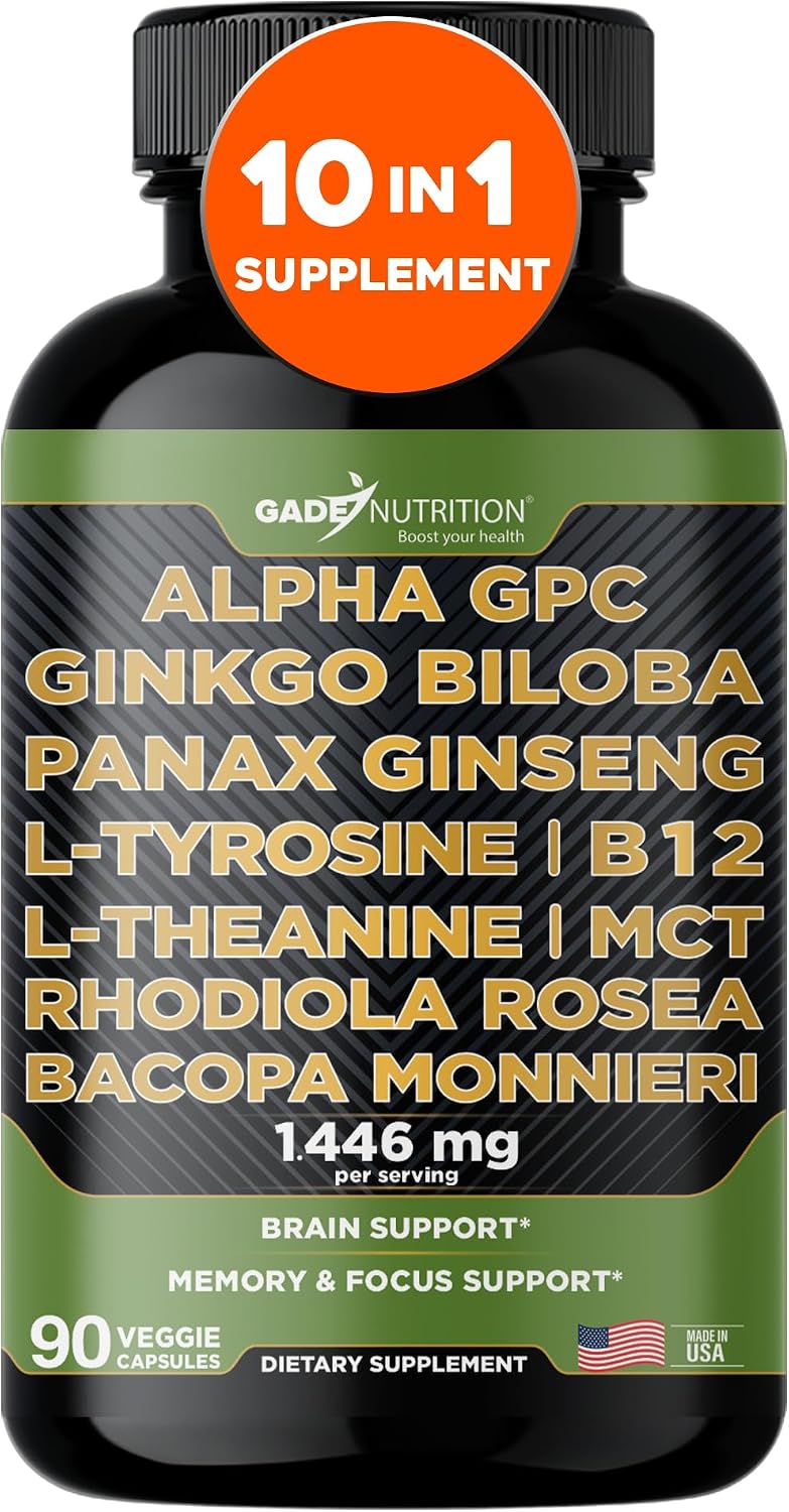 Gade Nutrition Alpha GPC + Ginkgo Biloba + Panax Ginseng + L- Tyrosine, L-Theanine, Bocopa Monnieri, Rhodiola Rosea, B12, MCT Gade Nutrition Alpha GPC + Ginkgo Biloba + Panax Ginseng + L- Tyrosine, L-Theanine, Bocopa Monnieri, Rhodiola Rosea, B12, MCT