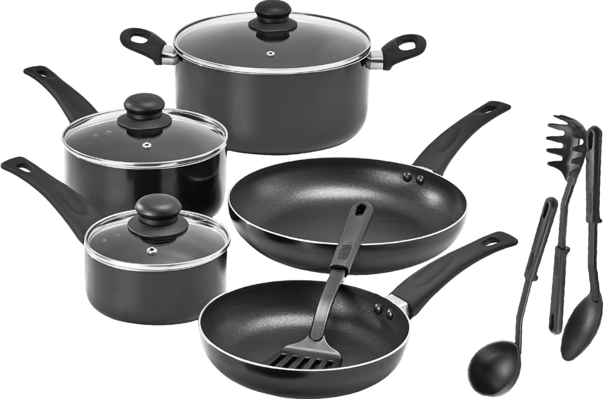 bella Cookware Set, 12 Piece Pots and Pans with Utensils, Nonstick PFOA Free Scratch Resistant Cooking Surface Compatible with All Stoves, Nylon and Aluminum, Black bella Cookware Set, 12 Piece Pots and Pans with Utensils, Nonstick PFOA Free Scratch Resistant Cooking Surface Compatible with All Stoves, Nylon and Aluminum, Black