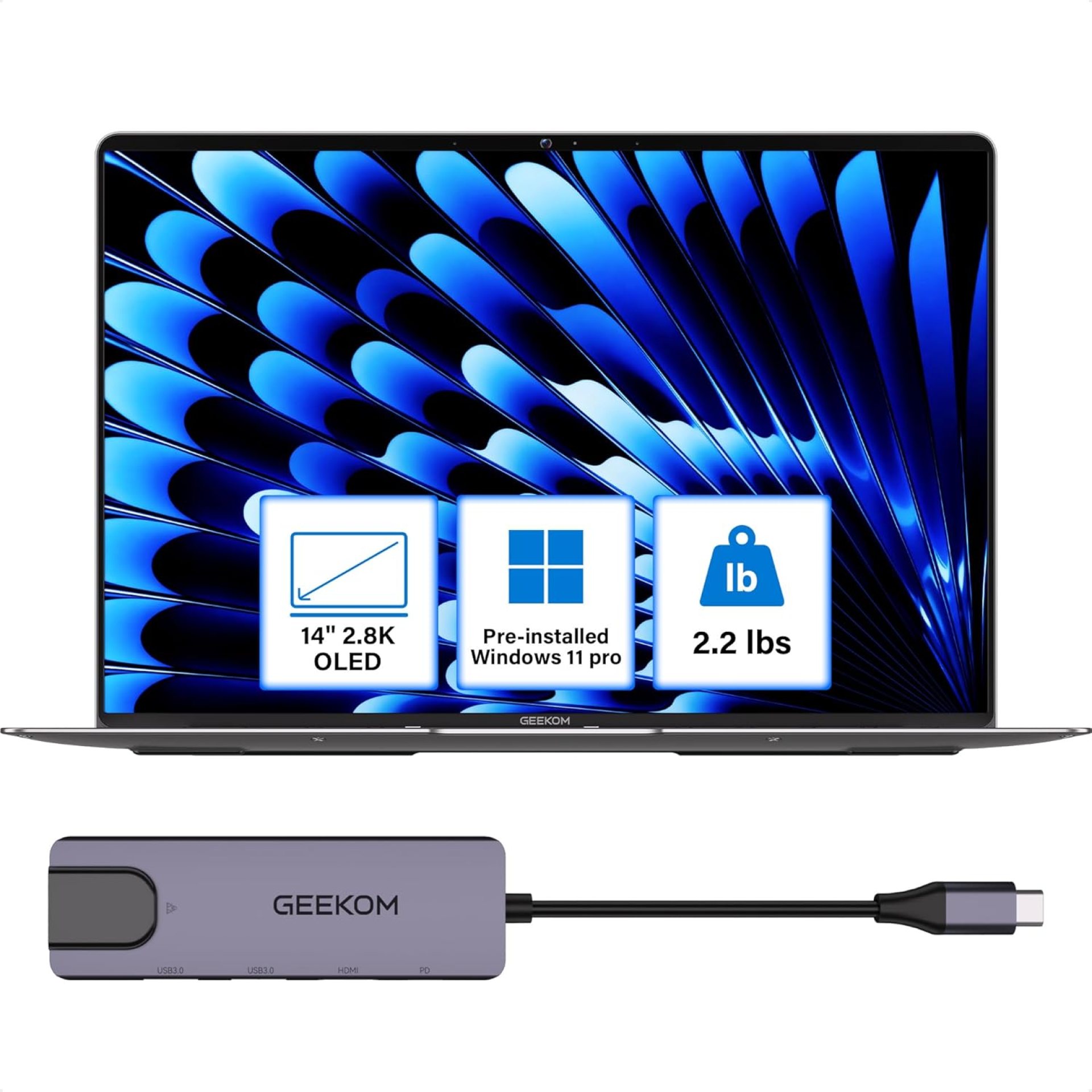 GEEKOM GeekBook X14 Pro Laptop, 2.2lbs Ultra Thin 14″ 2.8K OLED Laptop Computer, Ultra 9 185H, 32GB LPDDR5x 7500MHz RAM 2TB SSD, Up to 16 Hour, 2X USB4, Fingerprint, Hub, Copilot, Windows 11 Pro GEEKOM GeekBook X14 Pro Laptop, 2.2lbs Ultra Thin 14″ 2.8K OLED Laptop Computer, Ultra 9 185H, 32GB LPDDR5x 7500MHz RAM 2TB SSD, Up to 16 Hour, 2X USB4, Fingerprint, Hub, Copilot, Windows 11 Pro