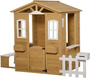 Outsunny Outdoor Playhouse for Kids Wooden Cottage with Working Doors Windows & Mailbox, Pretend Play House for Age 3-6 Years